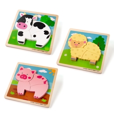 BIGJIGS Toys Chunky Lift Out Puzzles - Pig-Cow-Sheep - Pack of 3