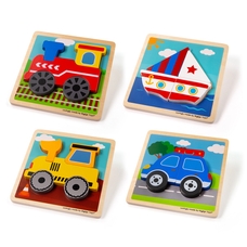 BIGJIGS Toys Chunky Lift Out Puzzles - Train-Car-Digger-Boat - Pack of 4