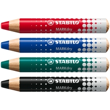 Stabilo MARKdry Whiteboard and Flipchart Markers - Assorted Colours - Pack of 4 with Sharpener + Wiping Cloth