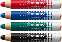 Stabilo MARKdry Whiteboard and Flipchart Pencils - Assorted Colours - Pack of 4 with Sharpener + Wiping Cloth