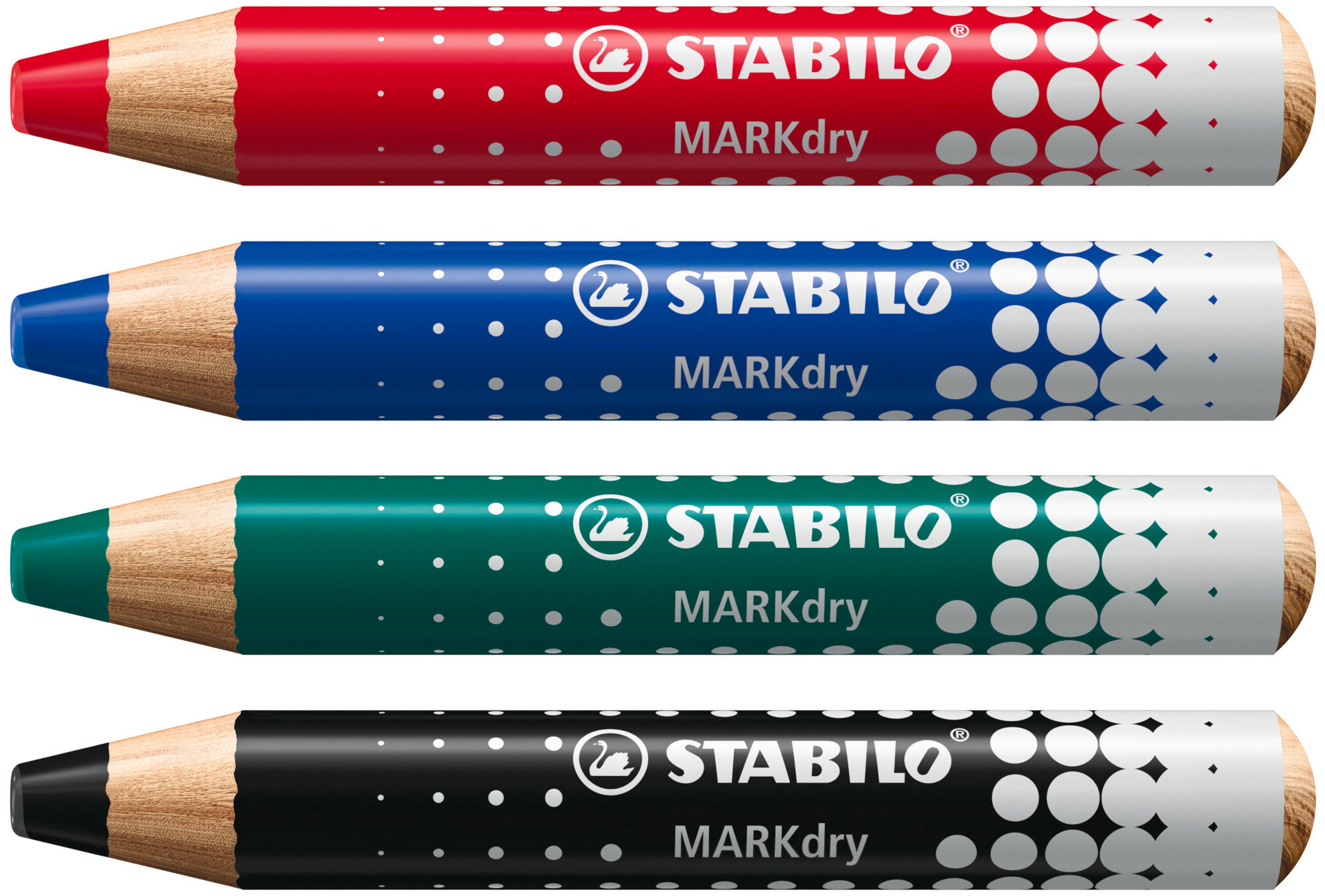 Stabilo MARKdry Whiteboard and Flipchart Pencils - Assorted Colours - Pack of 4 with Sharpener + Wiping Cloth