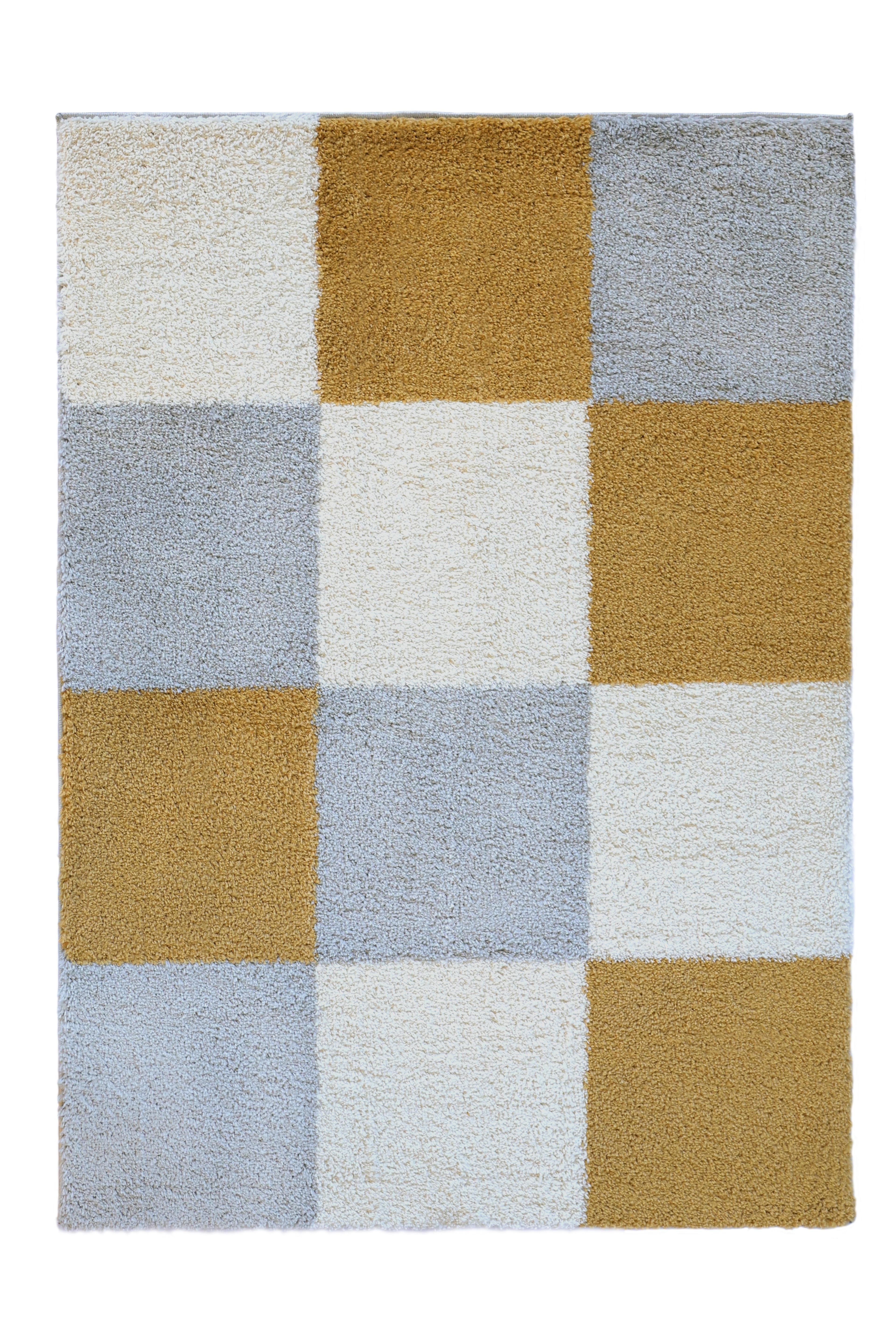 Ocre/ Grey Patchwork Snug Shaggy Rug - Medium