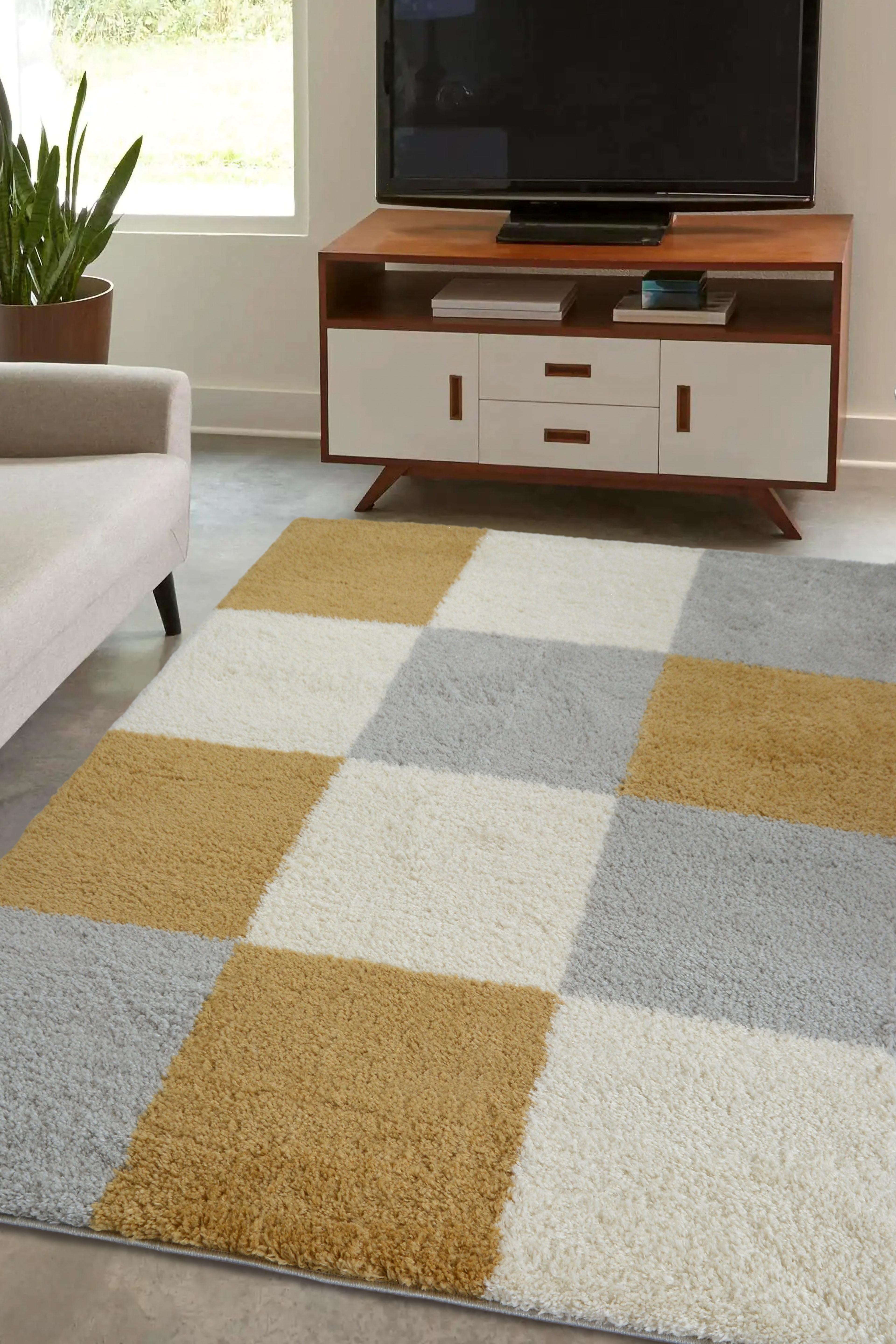 Ocre / Grey Patchwork Snug Shaggy Rug - Large 