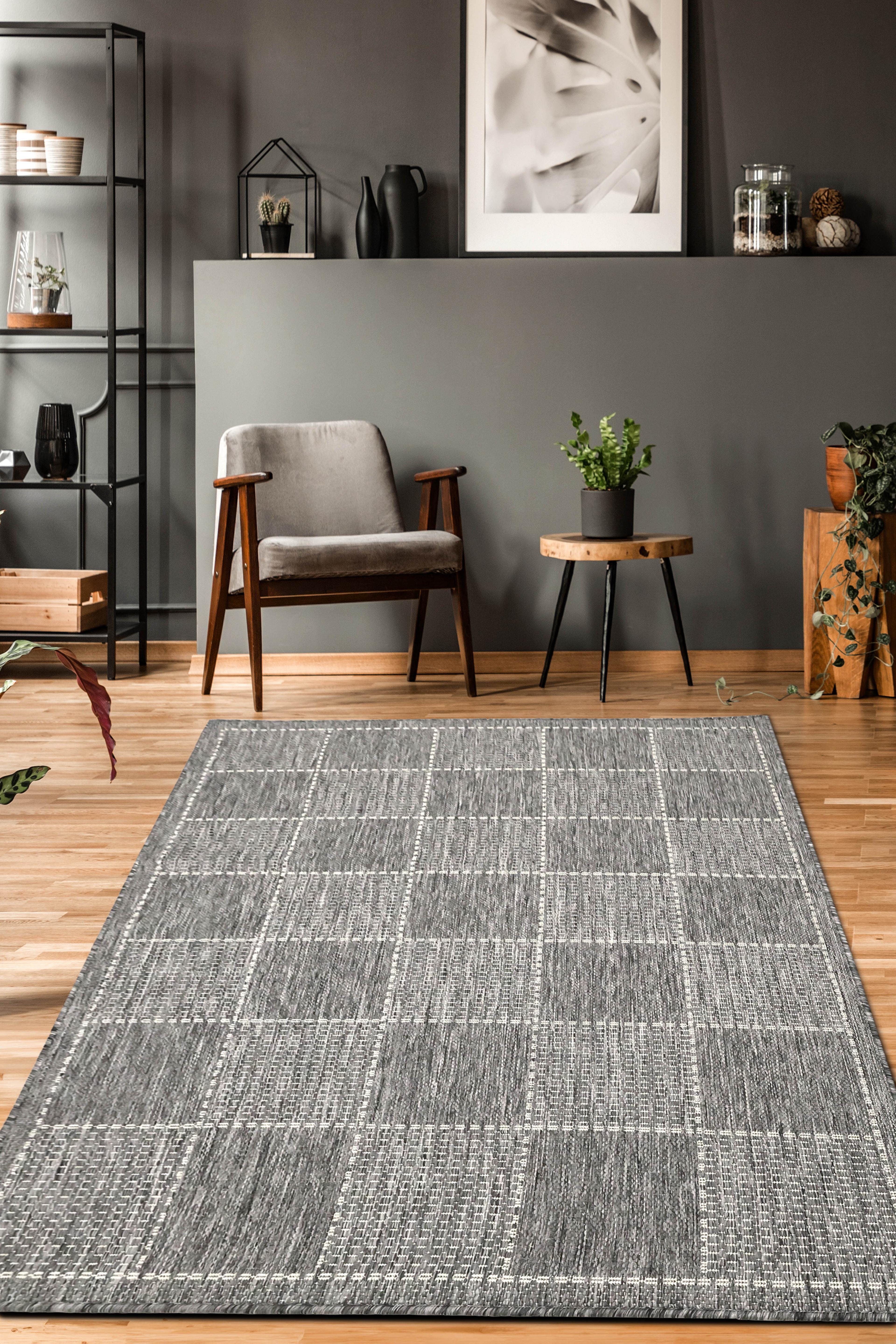 Gel Backed Flat Weave Grey Checked Rug - Small