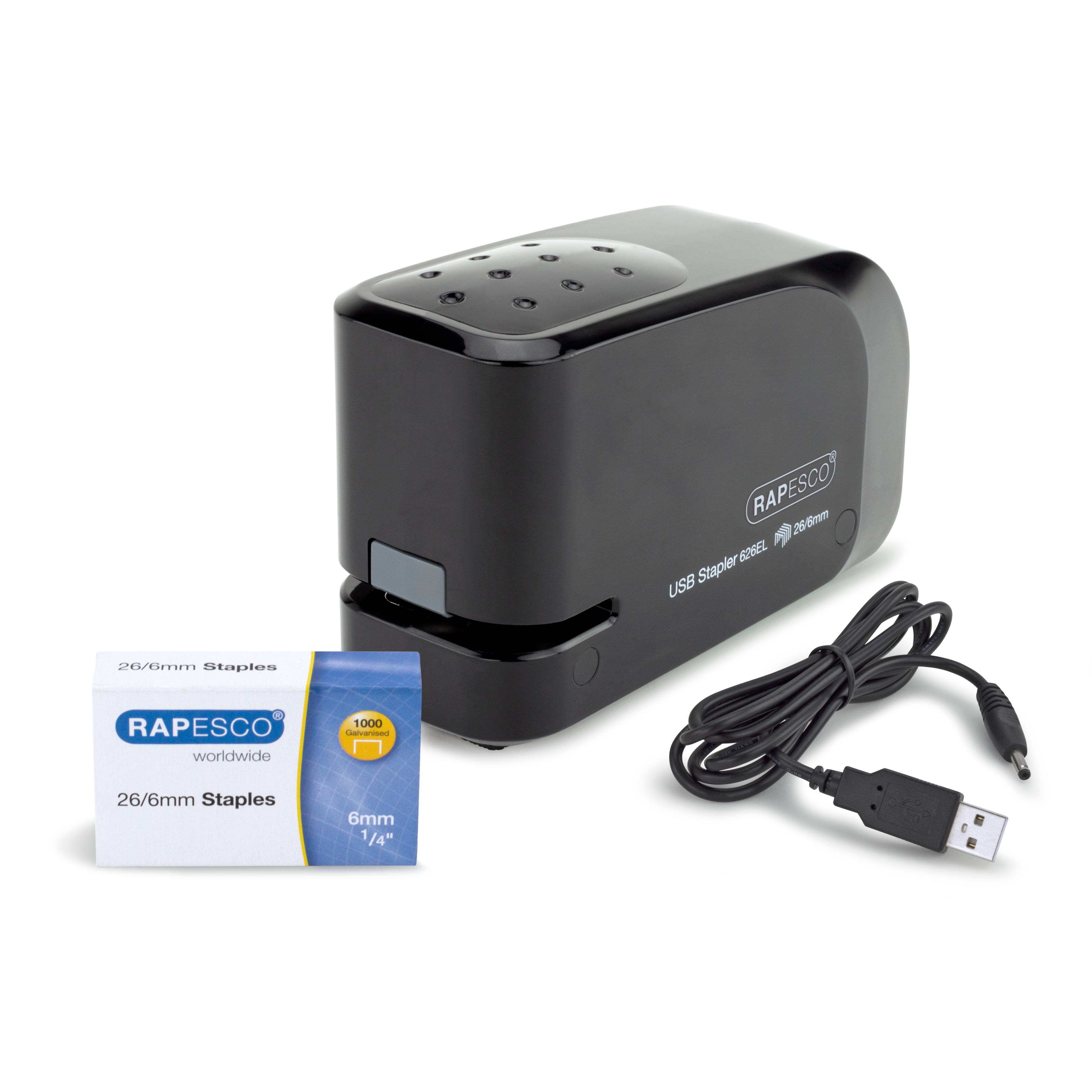 RAPESCO 626EL Automatic USB/Battery Stapler & Box of 1000 26/6mm Staples - Black