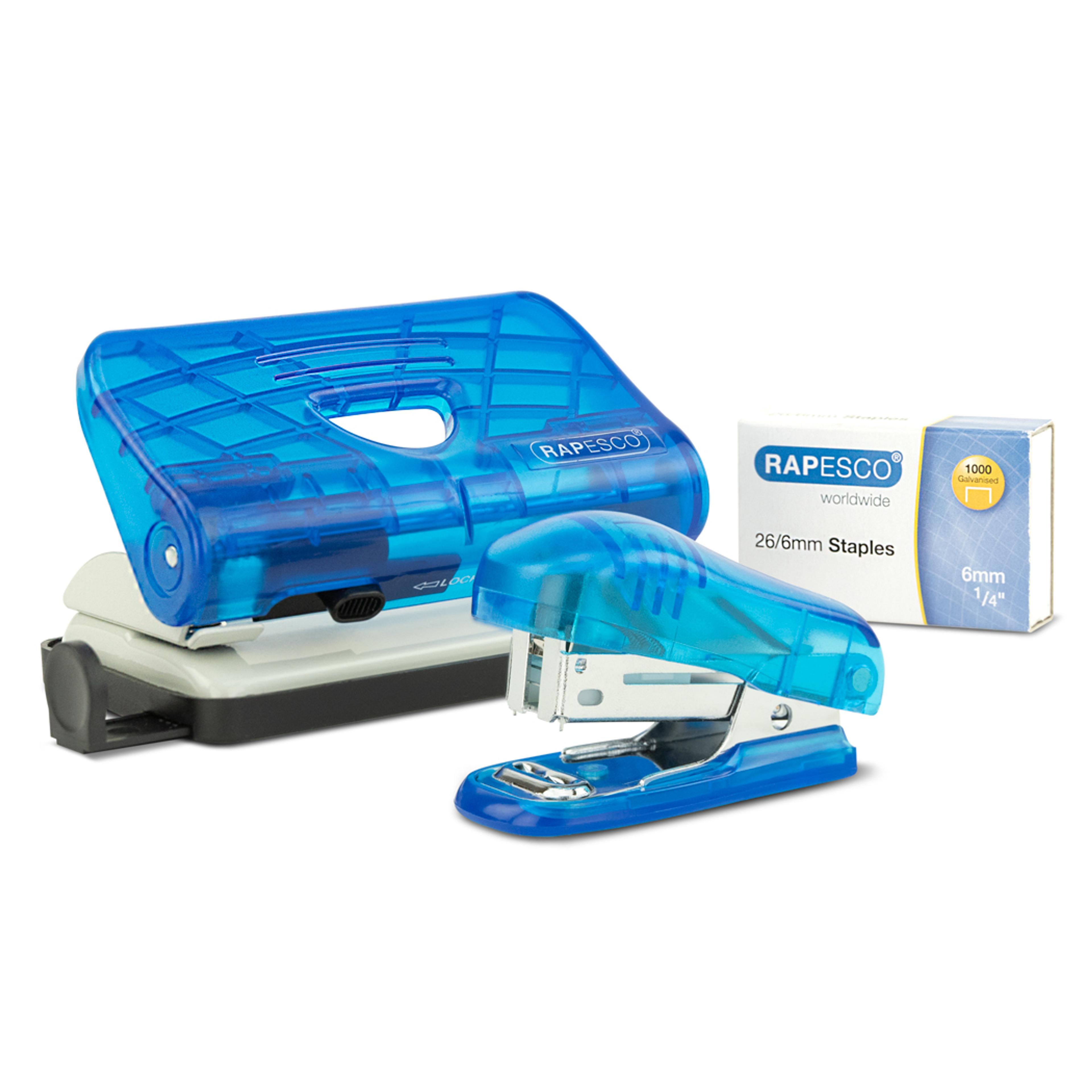 RAPESCO Mini Bug Stapler, Staples & Hole Punch Set - Transparent Blue