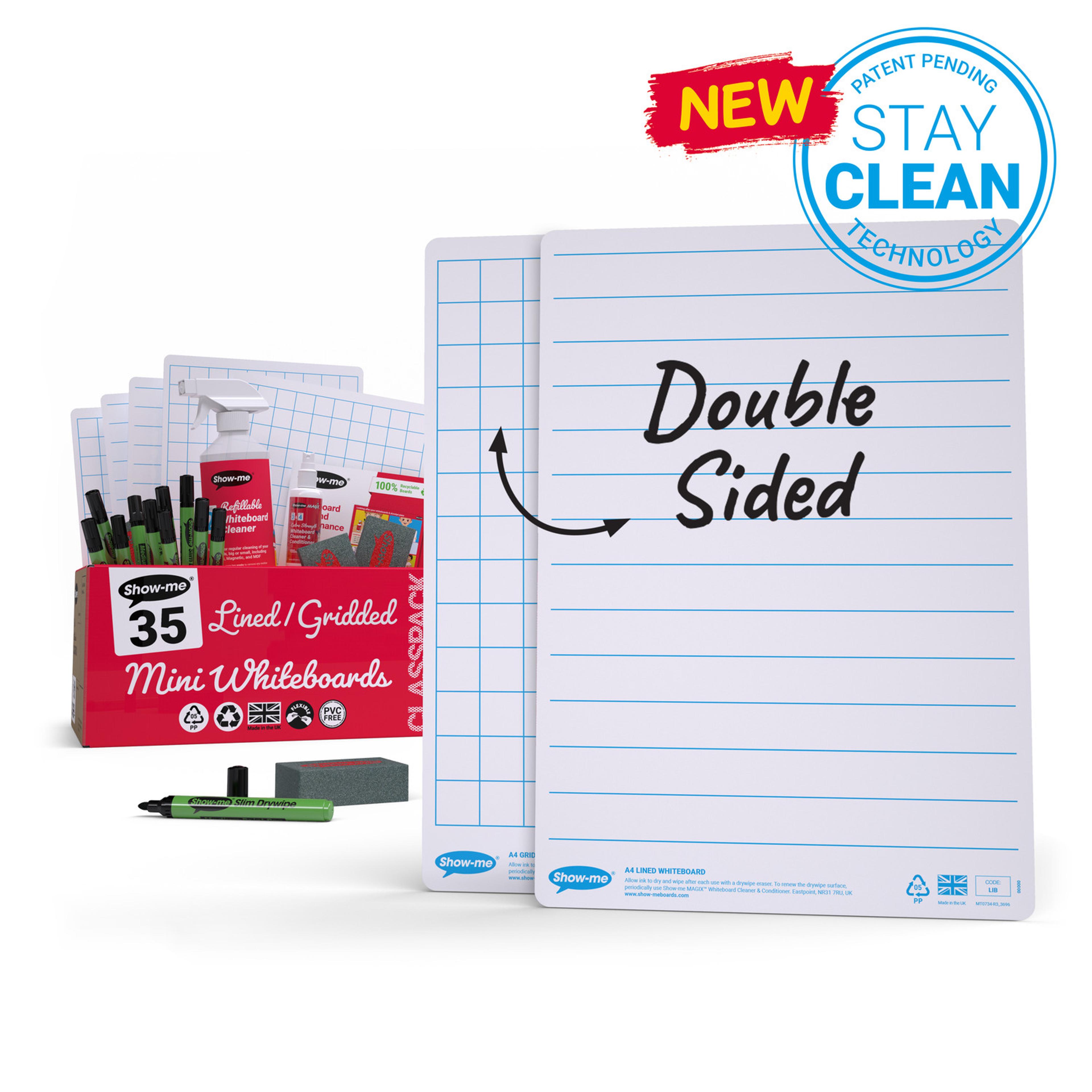 Show-me® Classpack of 35 A4 Lined/Gridded Double Sided Whiteboards Set, with Pens & Erasers plus 2 Free Cleaners