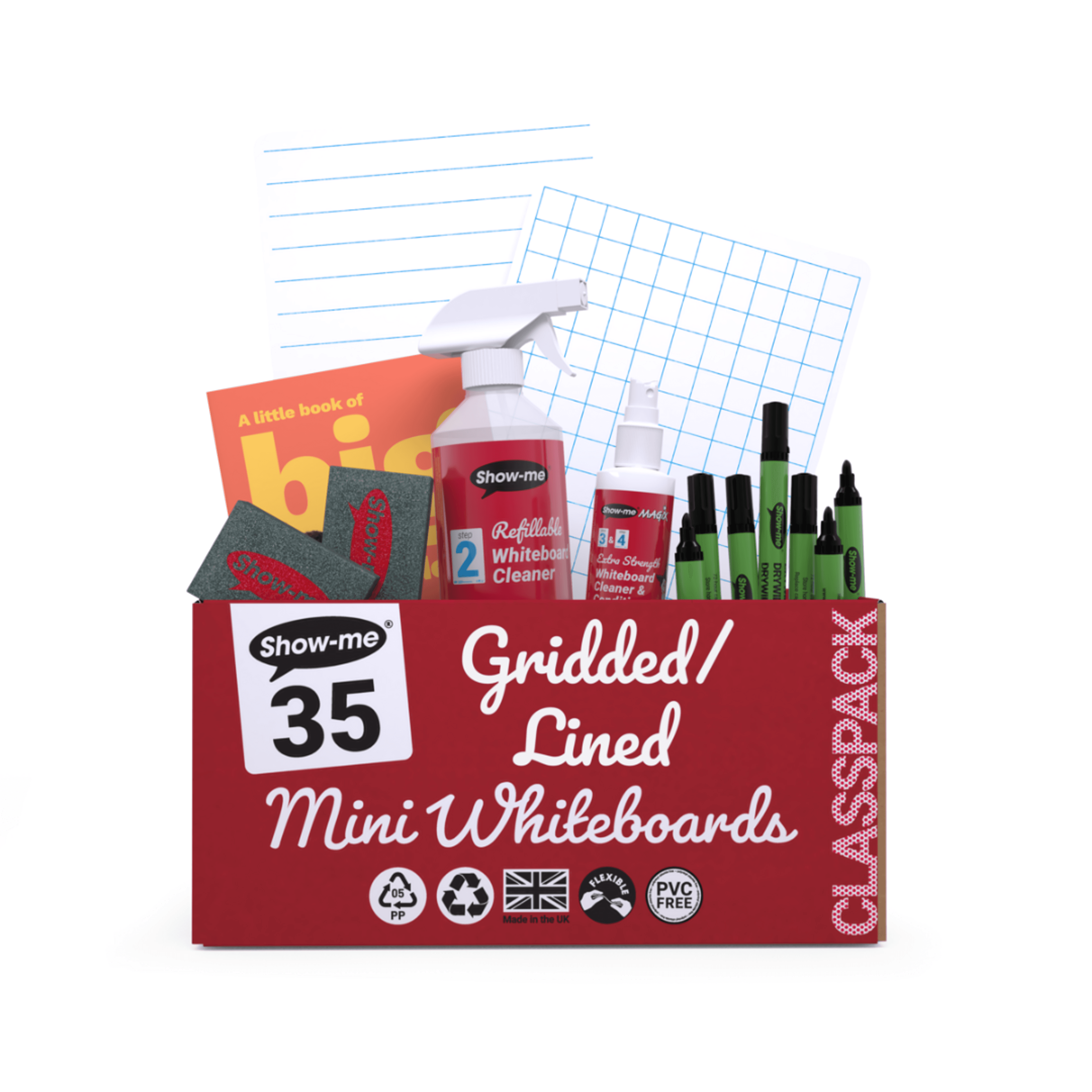 Show-me® Classpack of 35 A4 Lined/Gridded Double Sided Whiteboards Set, with Pens & Erasers plus 2 Free Cleaners