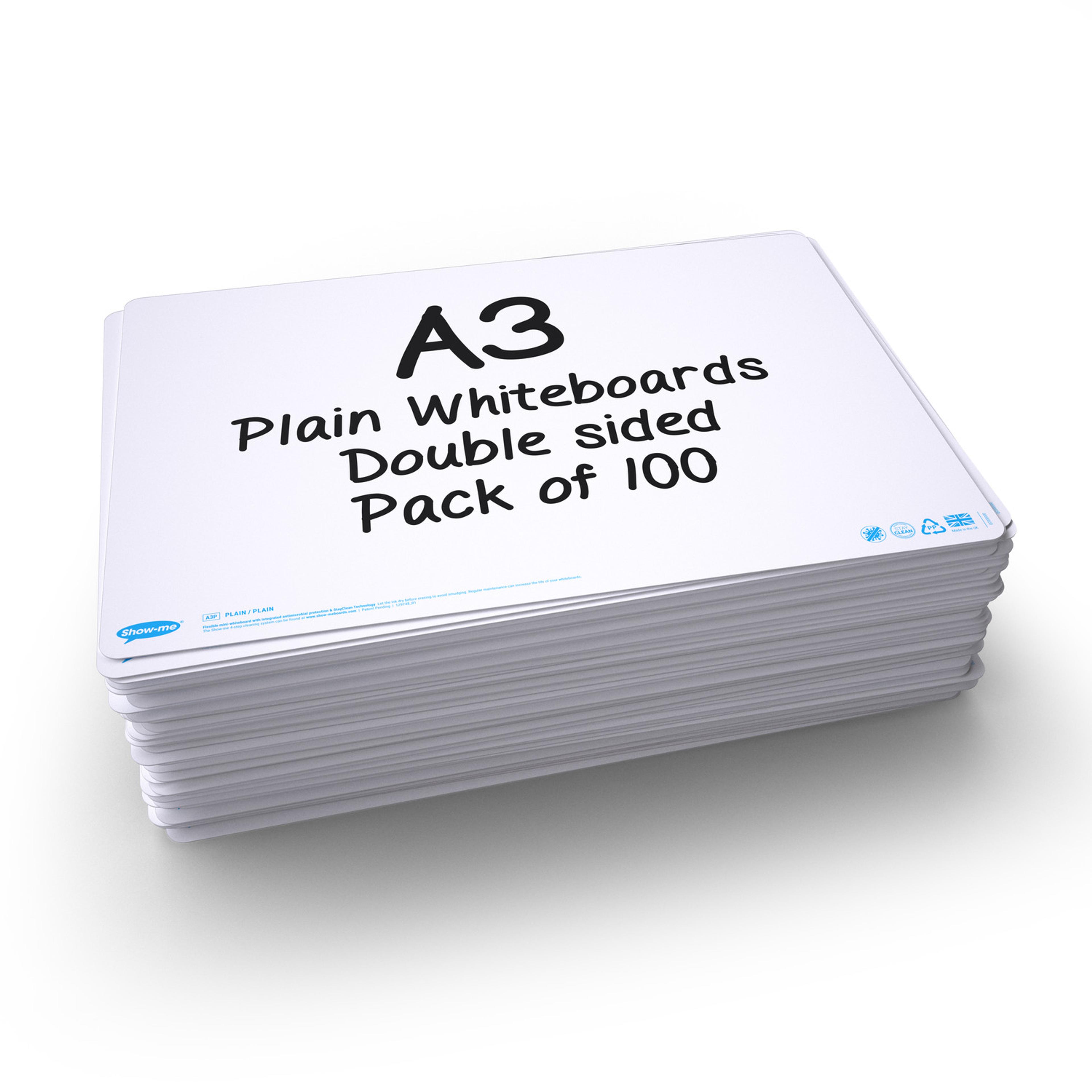 Show-me® A3 Plain/Plain Drywipe Boards - Pack of 100
