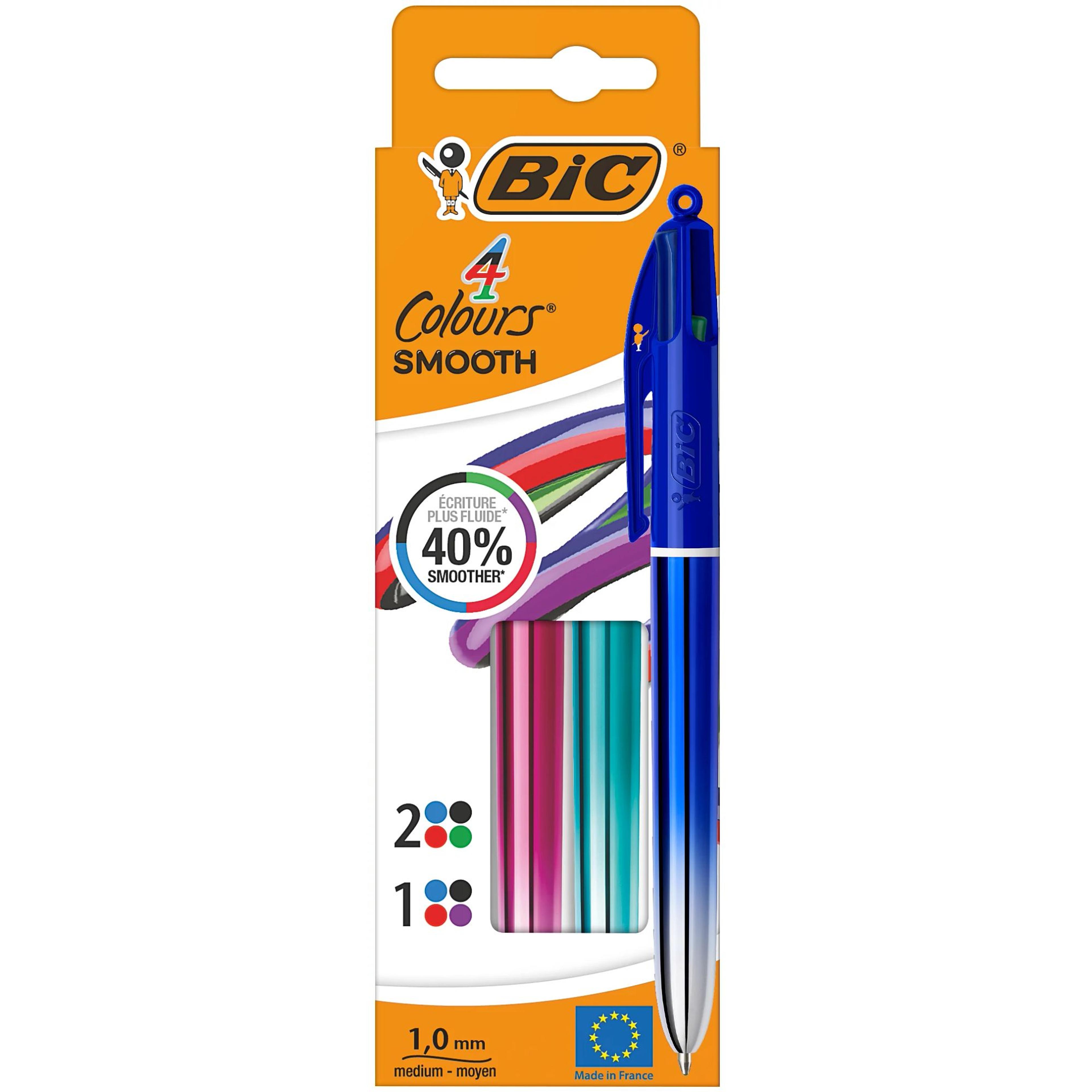 BIC 4 Colours Smooth Medium Ballpoint Pen - 1.00mm Point - Assorted Ink Colours - Pack of 3