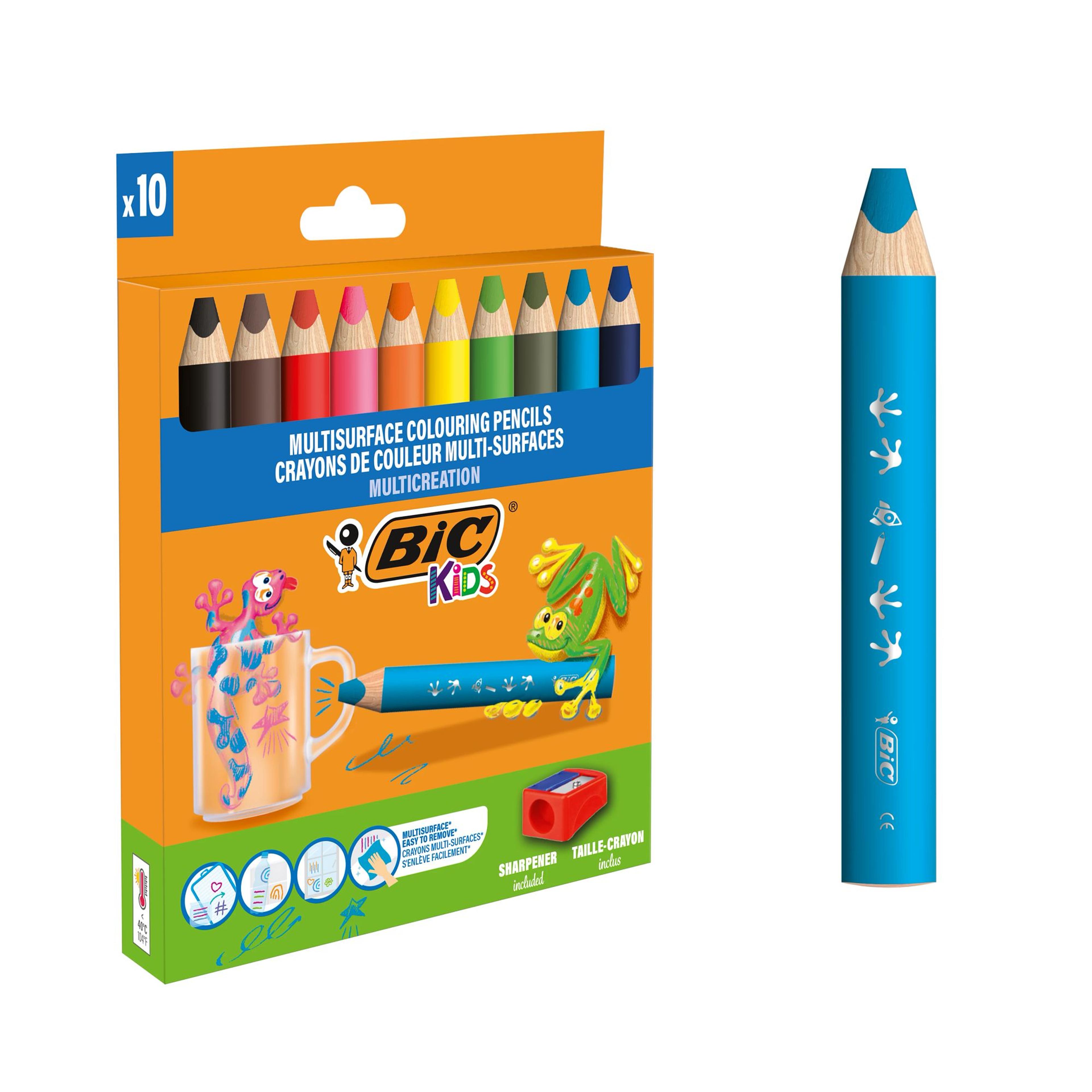BIC Kids Multisurface Triangle Pencil - Assorted Colours - Pack of 10 + 1 Sharpener