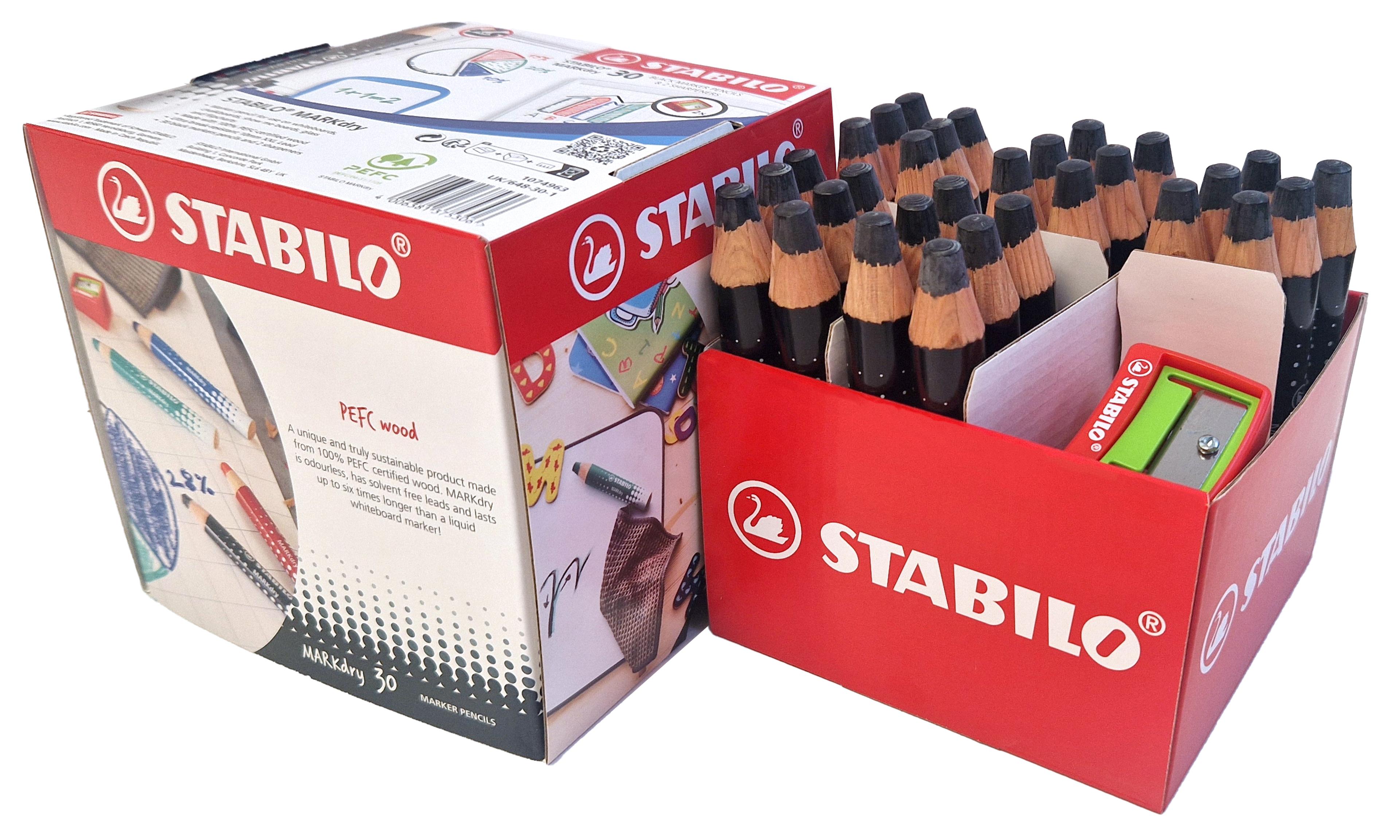 STABILO MARKdry Whiteboard and Flipchart Pencils - Black - Pack of 30 + 2 Sharpeners