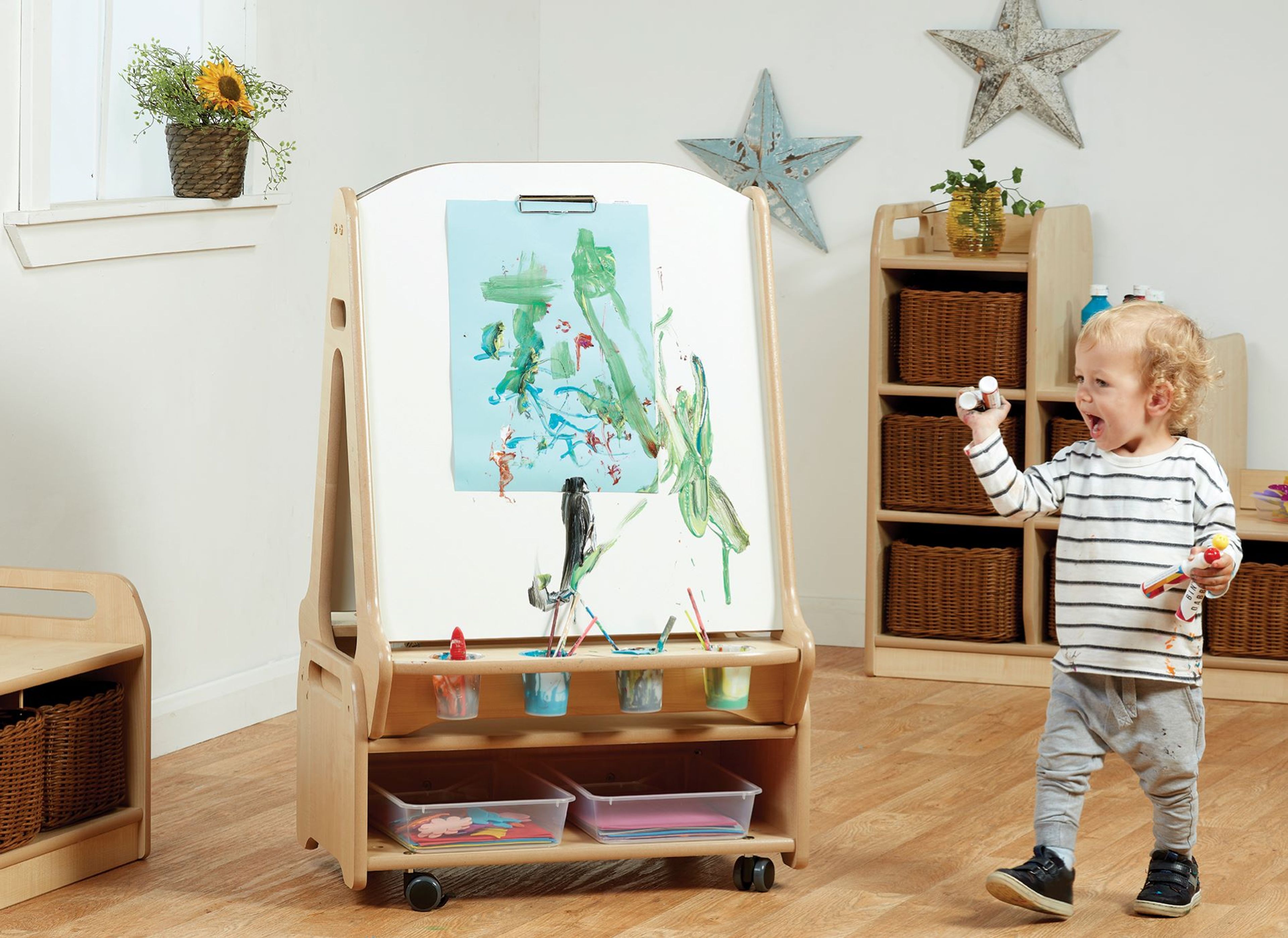 Millhouse Double-sided 2 Station Chalk/Whiteboard Easel with Low Storage Trolley