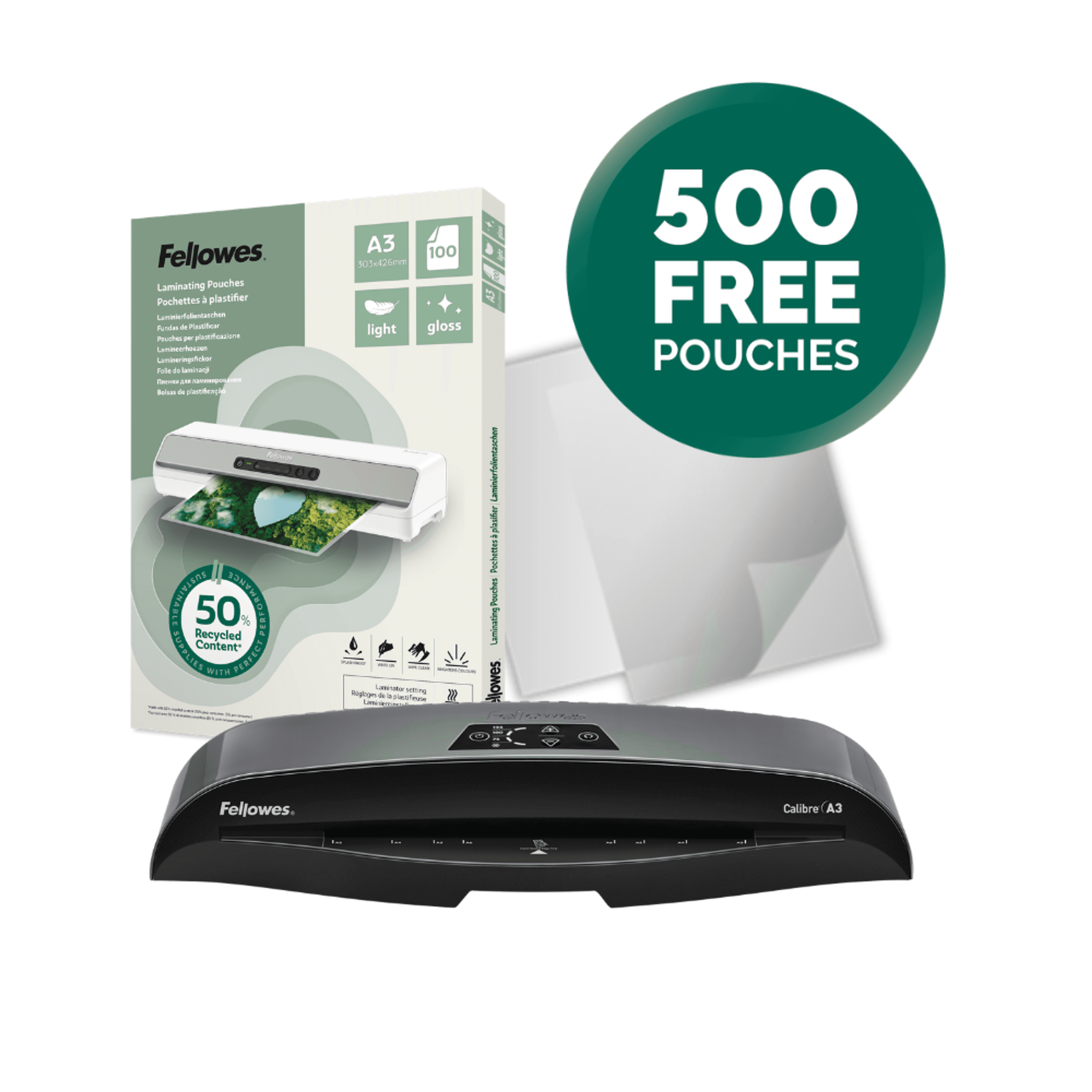 Fellowes Calibre Laminator - A3 - Machine (+10 A4 Laminating Pouches - Starter Pack) 