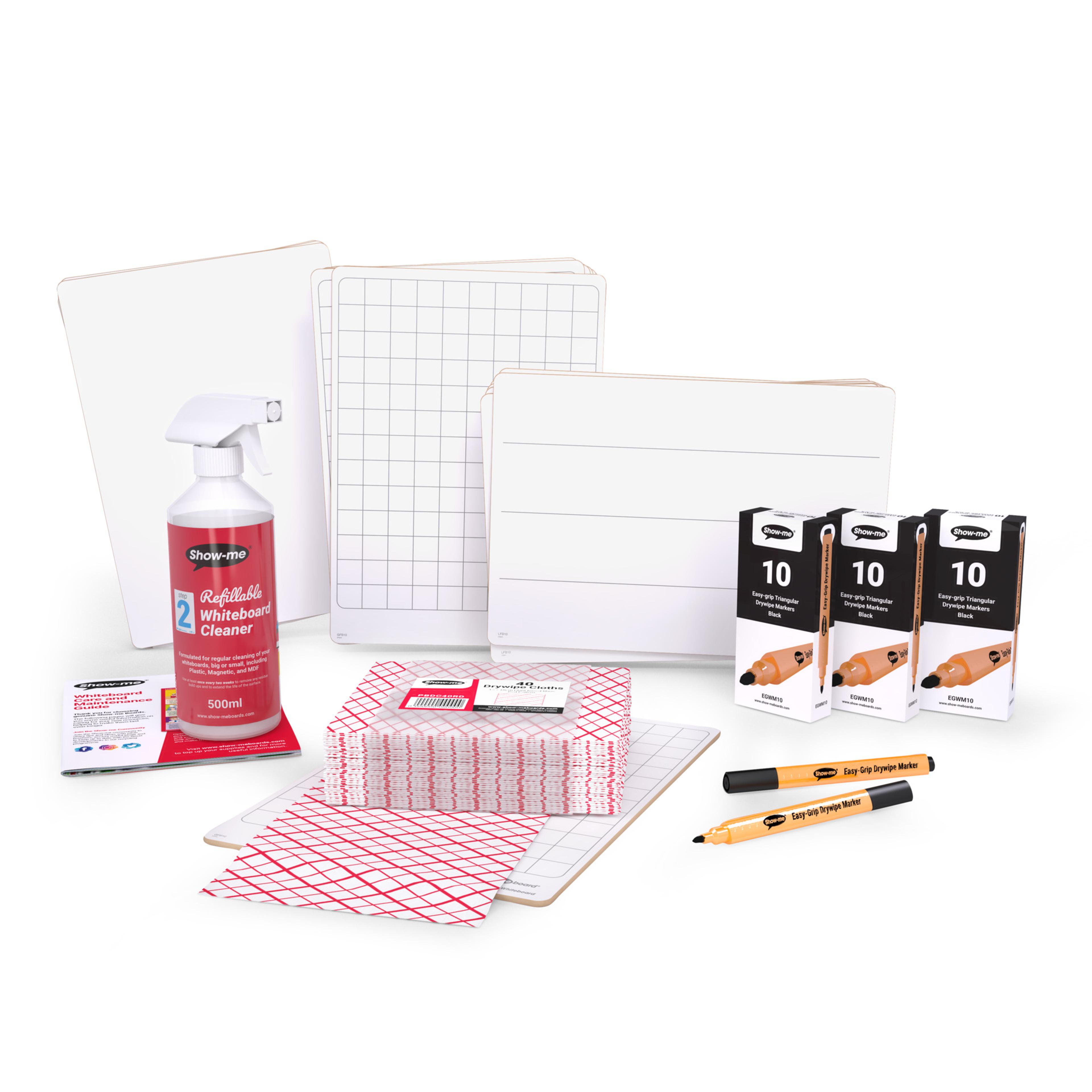 Show-me® Rigid Assorted Whiteboards with Triangular Pens and Cleaning Cloths- Pack of 30