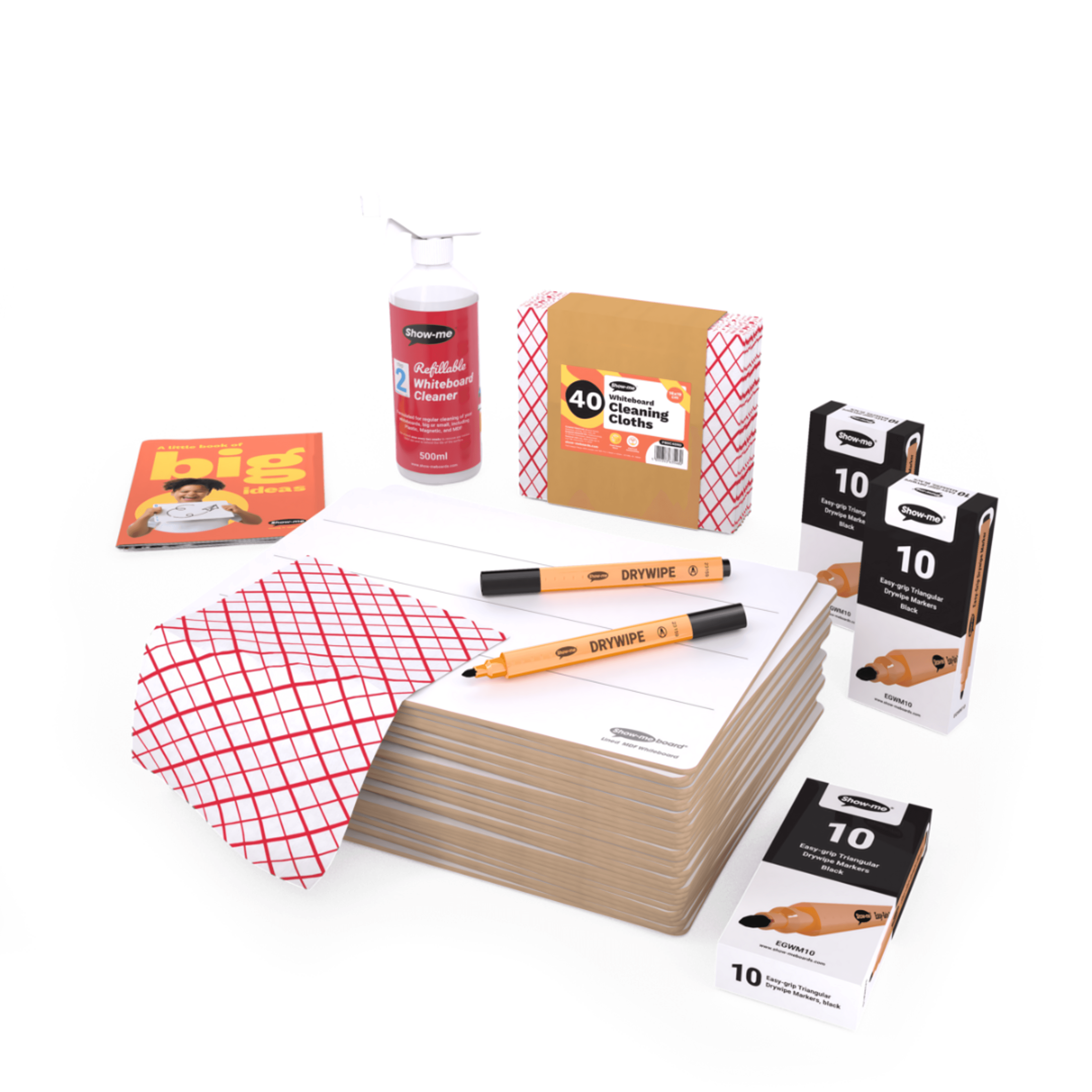 Show-me® Rigid Lined Whiteboards with Triangular Pens and  Cleaning Cloths - Pack of 30