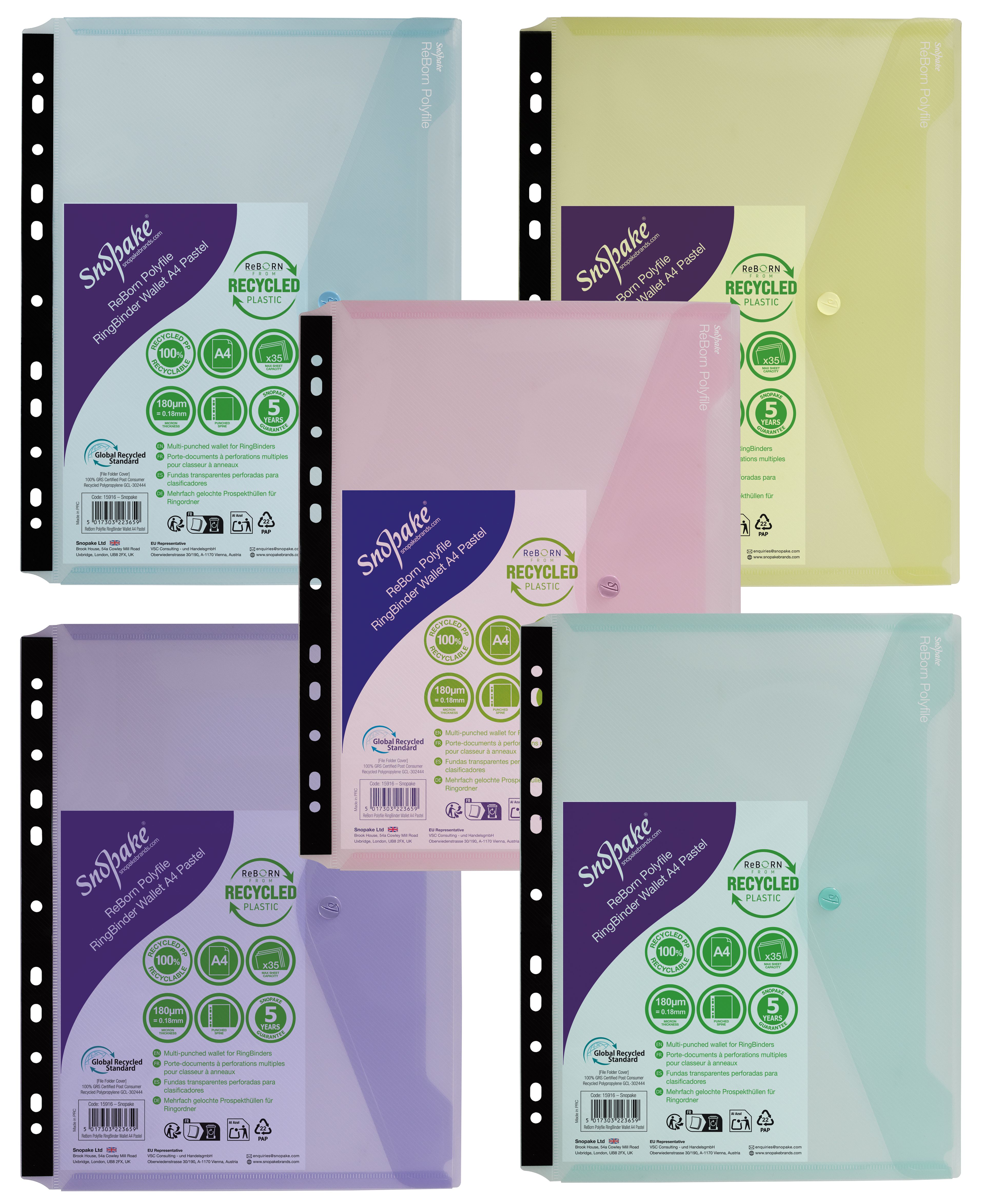 Snopake ReBorn 100% Recycled A4 Ring Binder Wallet - Pack of 5