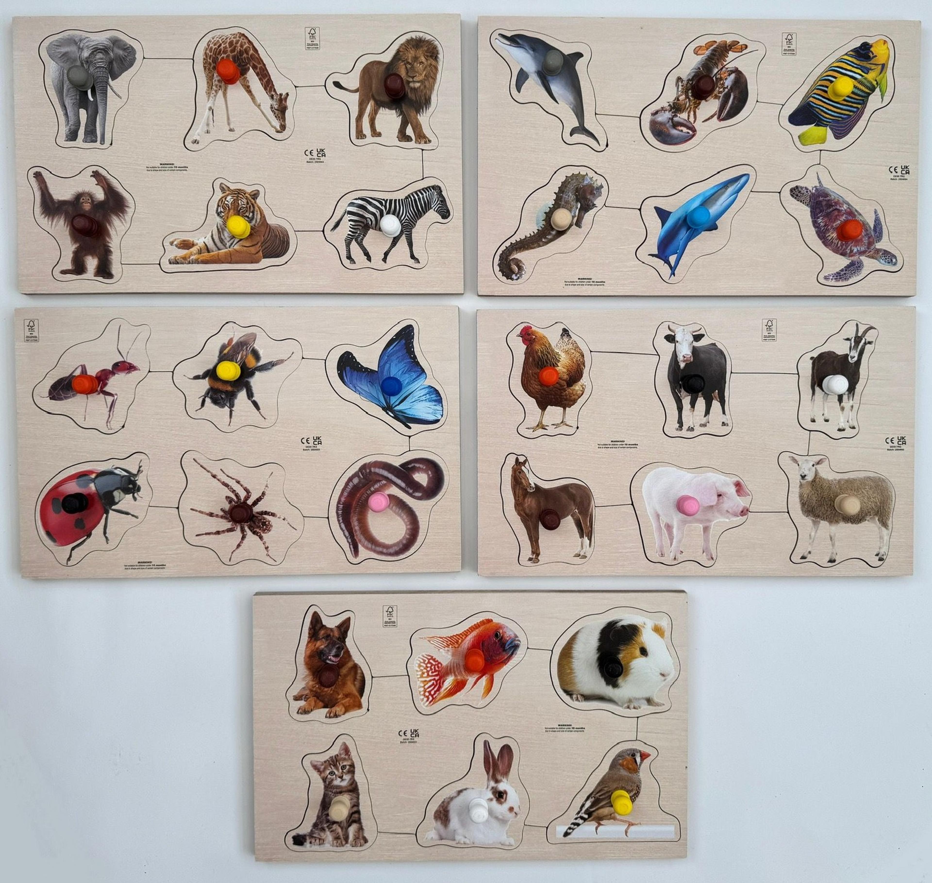 Just Jigsaws Animal Peg Board Set – Pets, Farm, Wild, Sea & Insects - Pack of 5