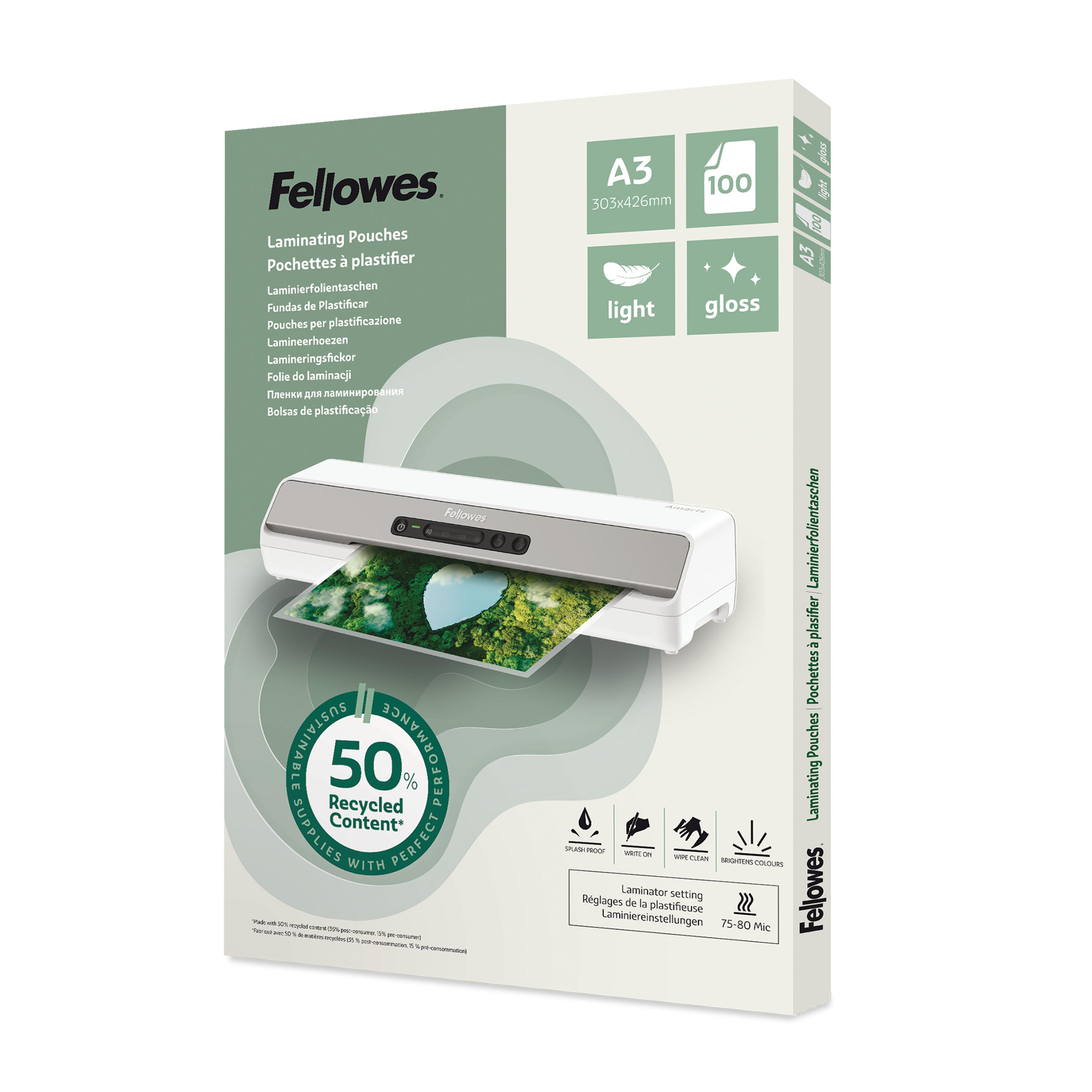 FELLOWES POUCH A3 LIGHT 50% RECYCLED CONTENT - 100PK