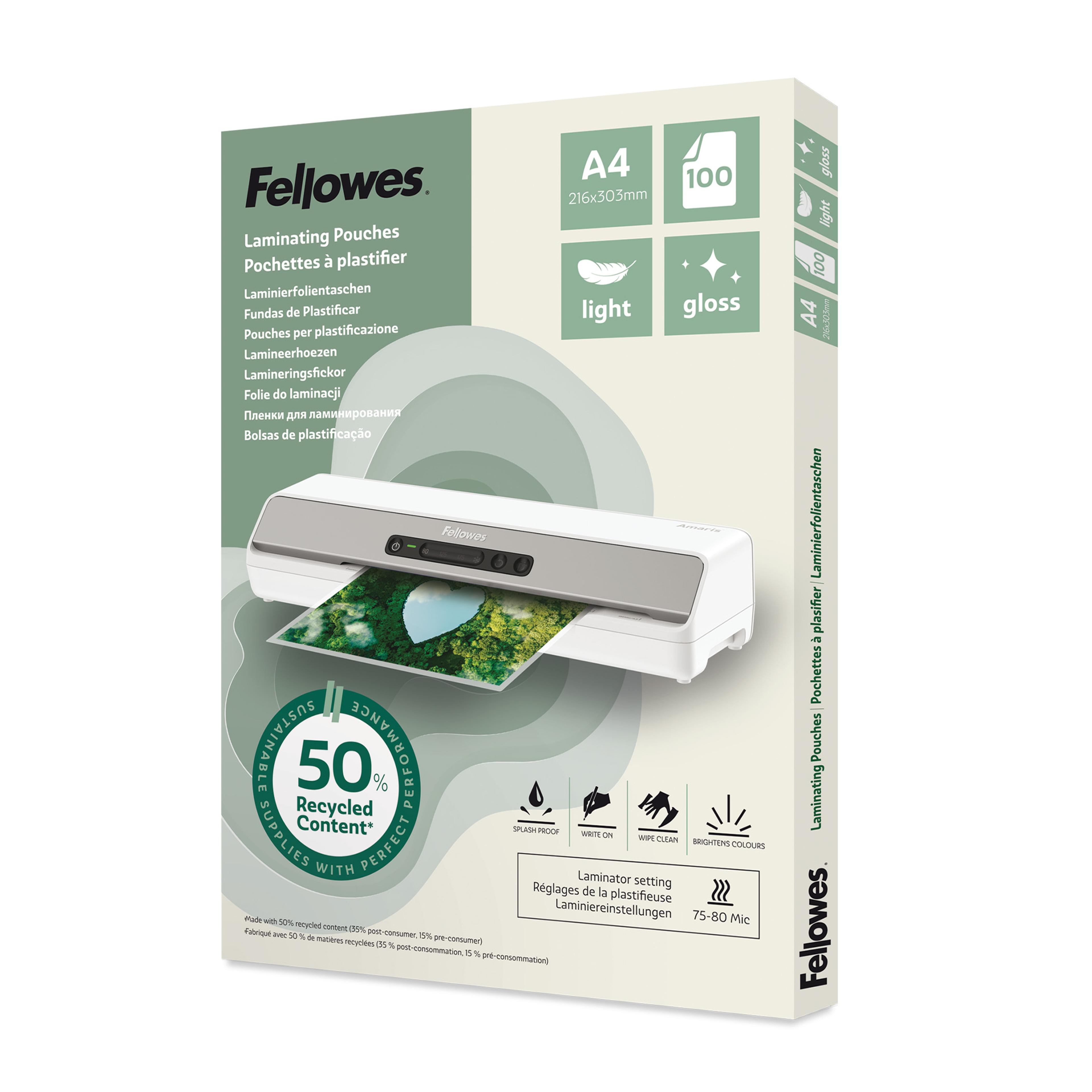 FELLOWES POUCH A4 LIGHT 50% RECYCLED CONTENT - 100PK