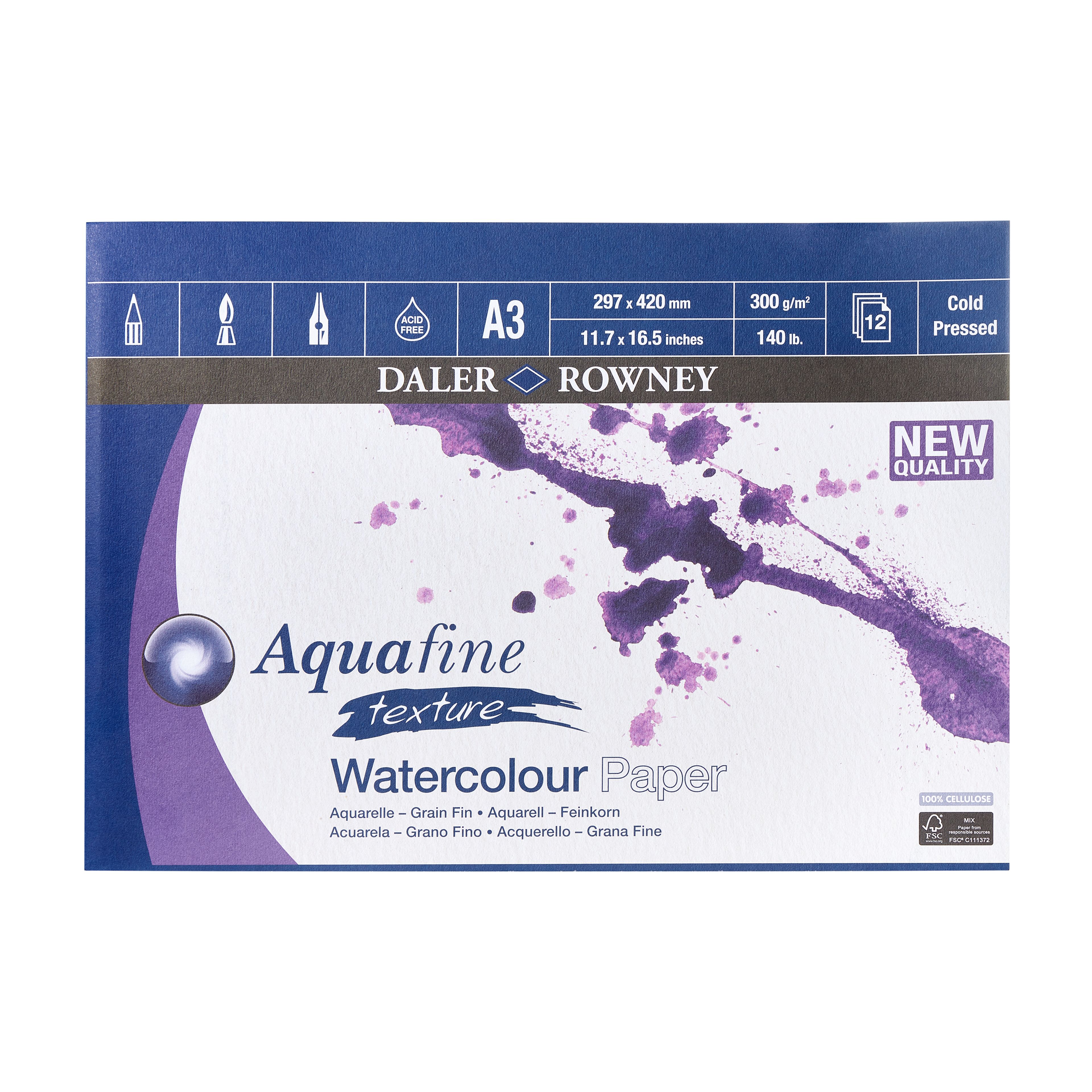 Daler-Rowney Aquafine Texture cold pressed watercolour paper pad A3/11.7x16.5in - 300gsm