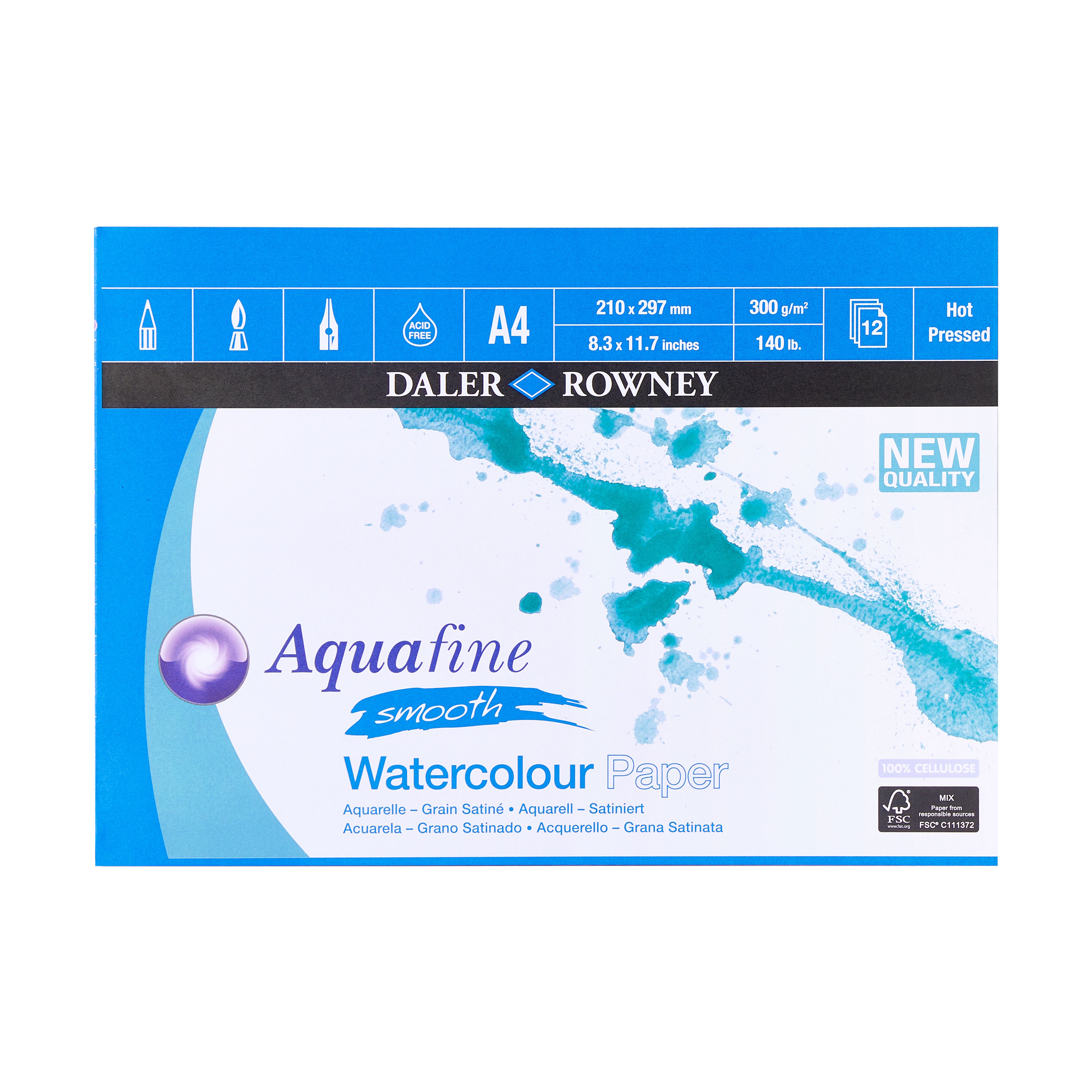 Daler-Rowney Aquafine Smooth hot pressed watercolour paper pad A4/8.3x11.7in - 300gsm