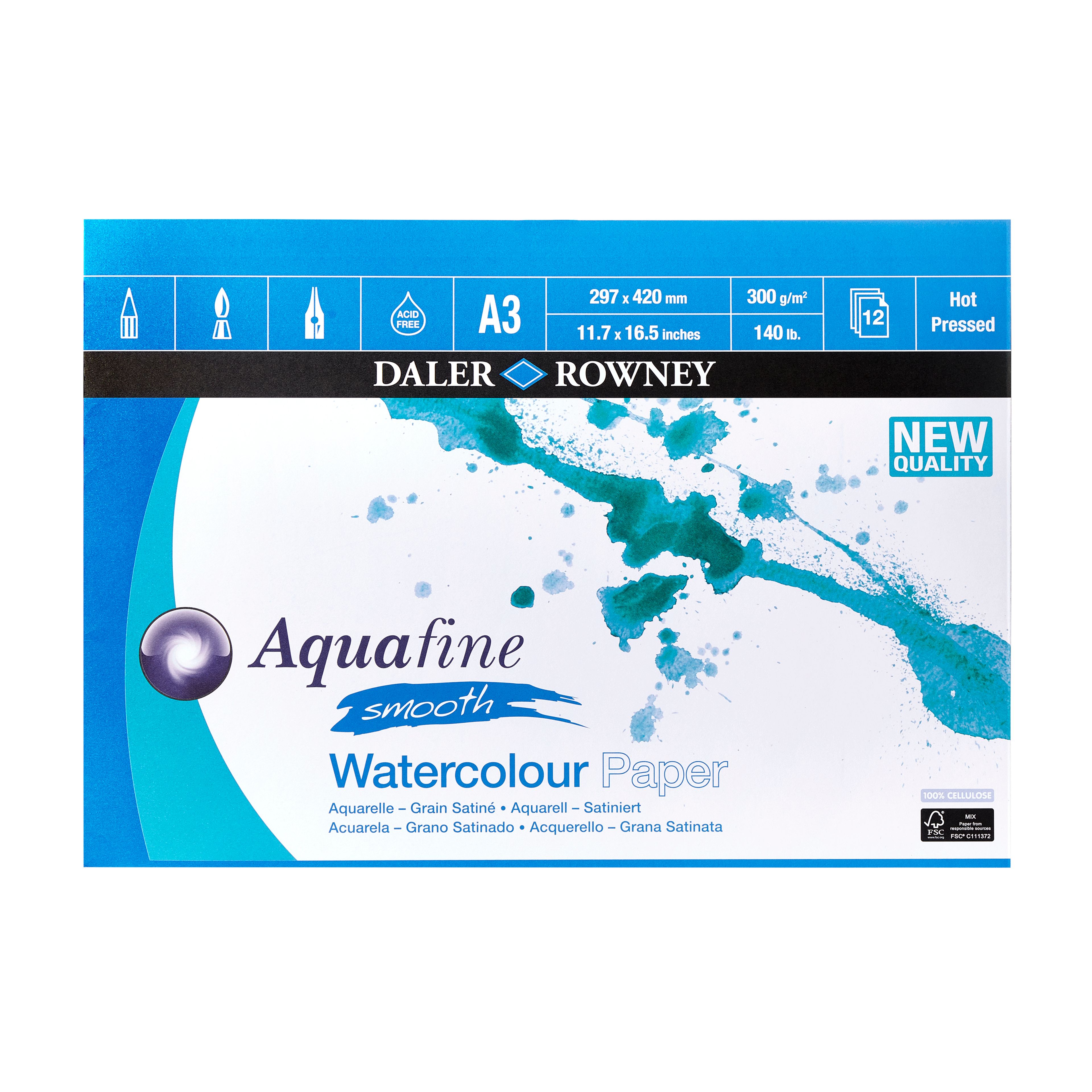 Daler-Rowney Aquafine Smooth hot pressed watercolour paper pad A3/11.7x16.5in - 300gsm