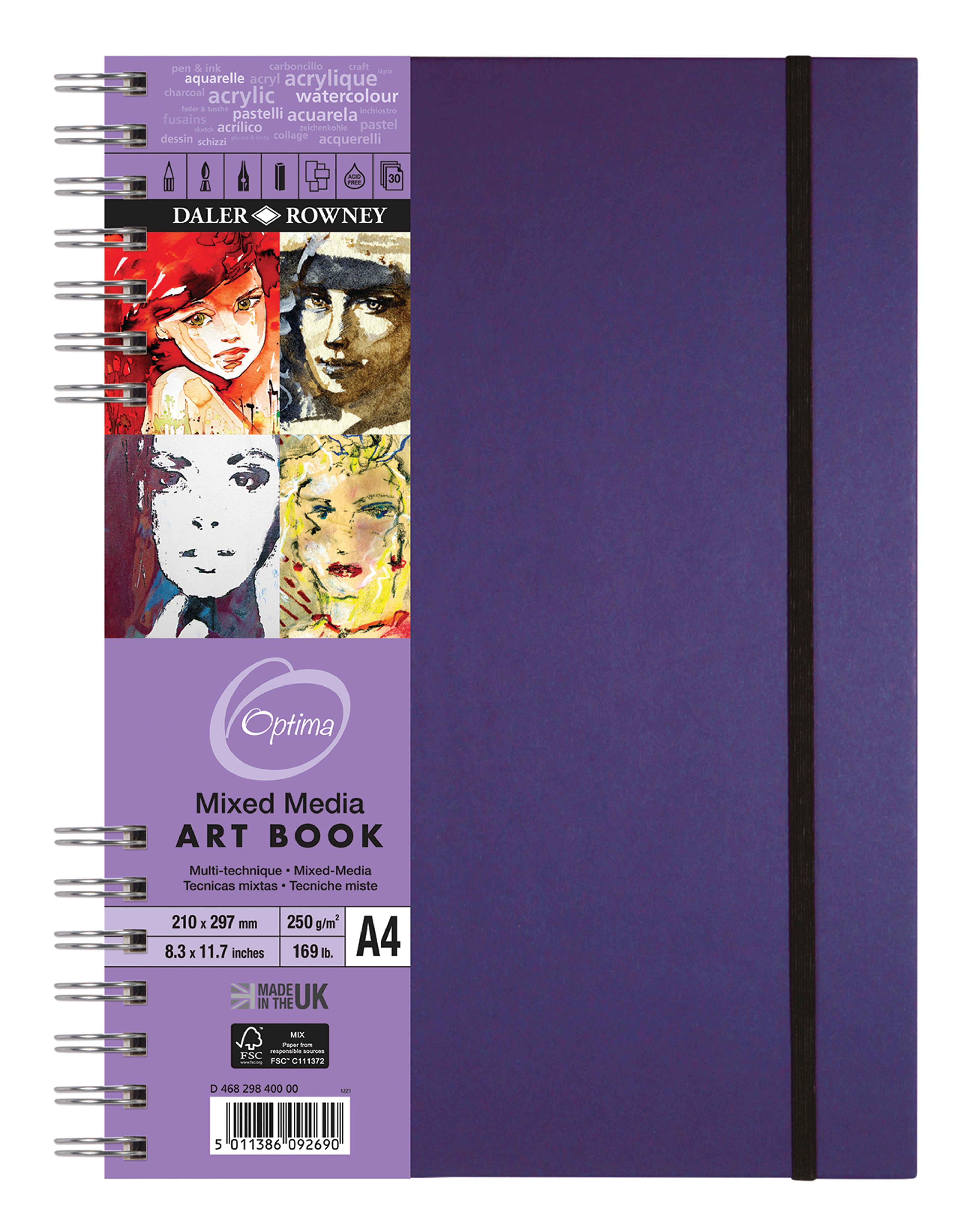 Daler-Rowney Optima Artists' mixed media spiralbound A4 portrait hardback artbook - 250gsm