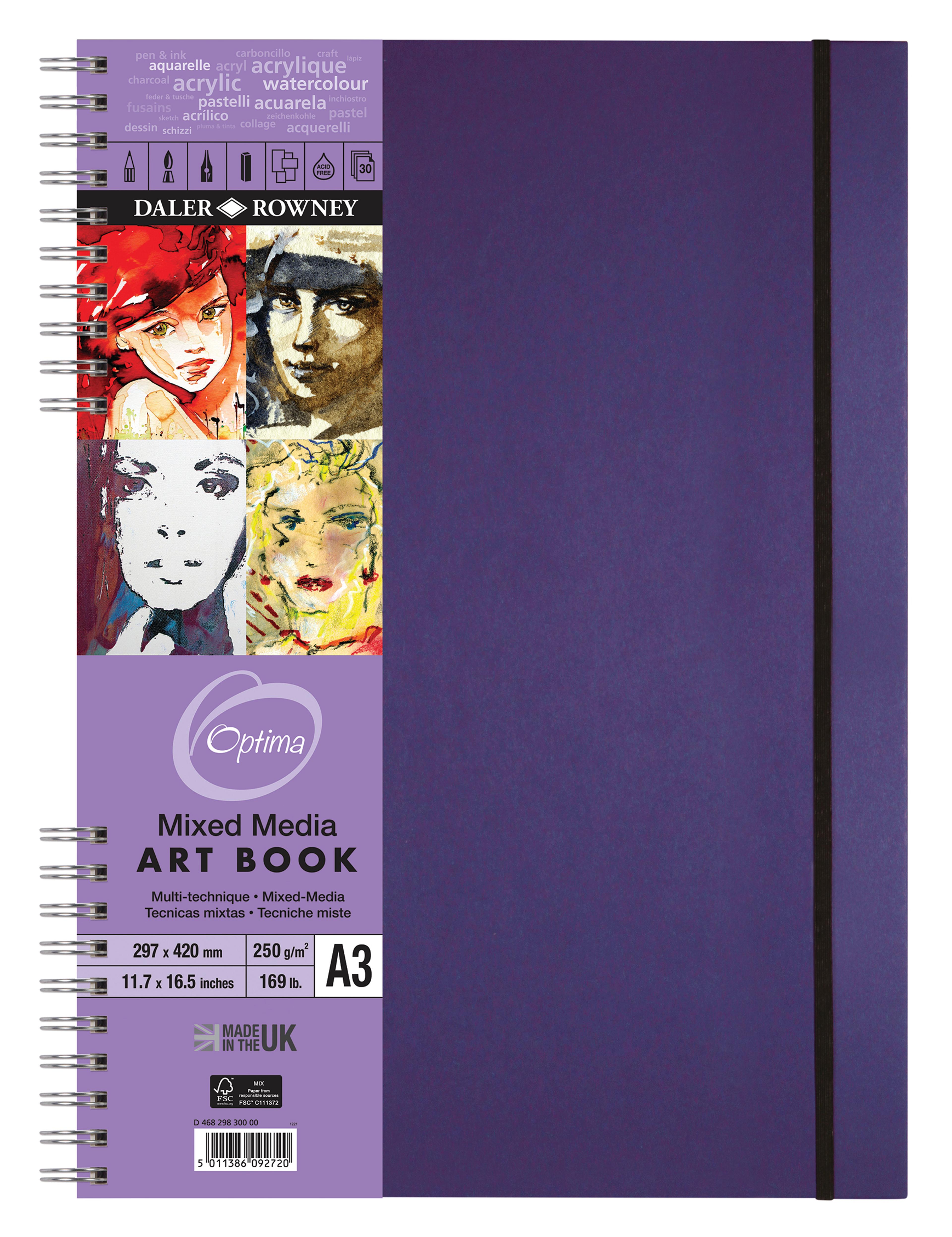 Daler-Rowney Optima Artists' mixed media spiralbound A3 portrait hardback artbook - 250gsm