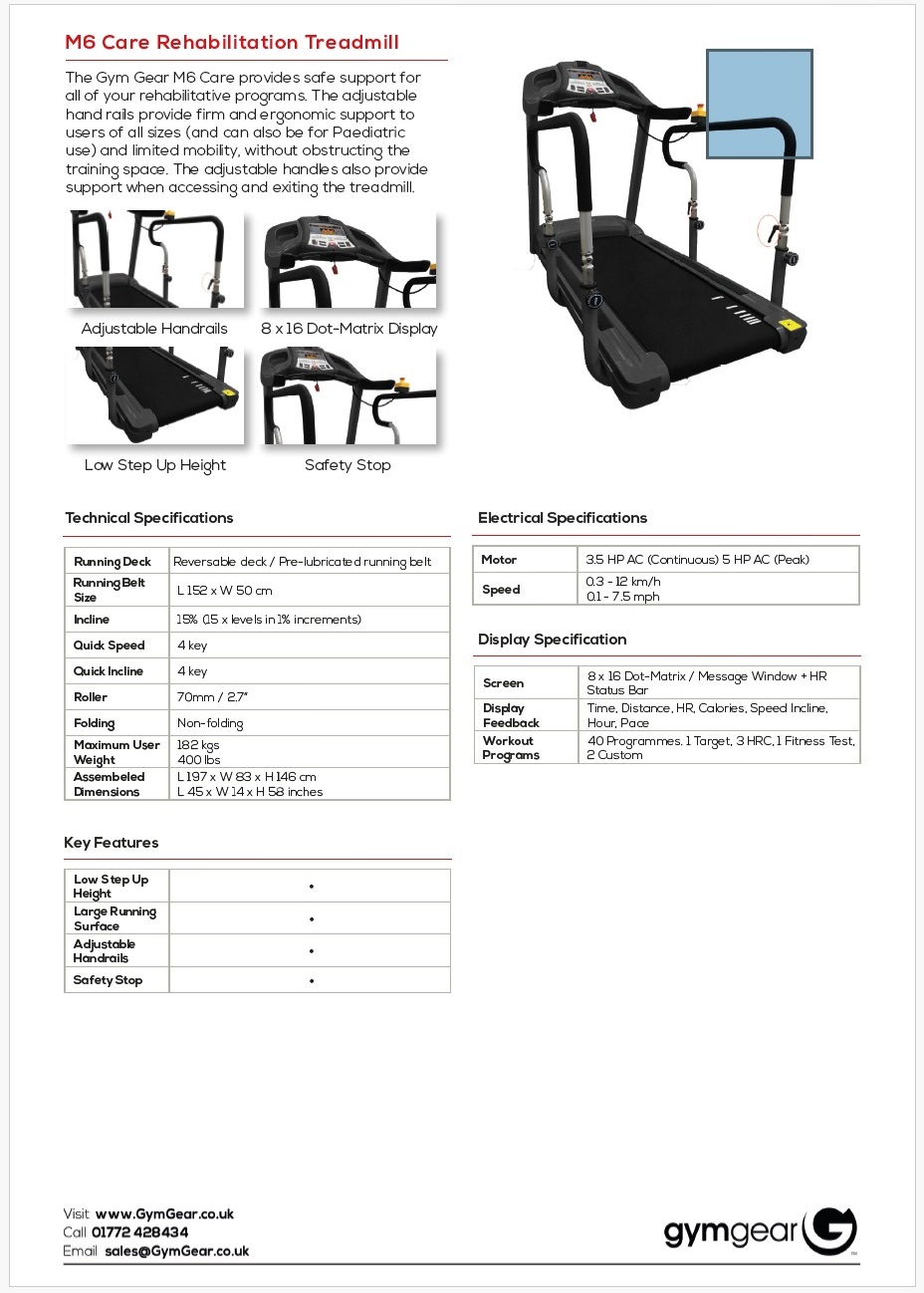 Gym Gear - M6 Care Rehab Treadmill