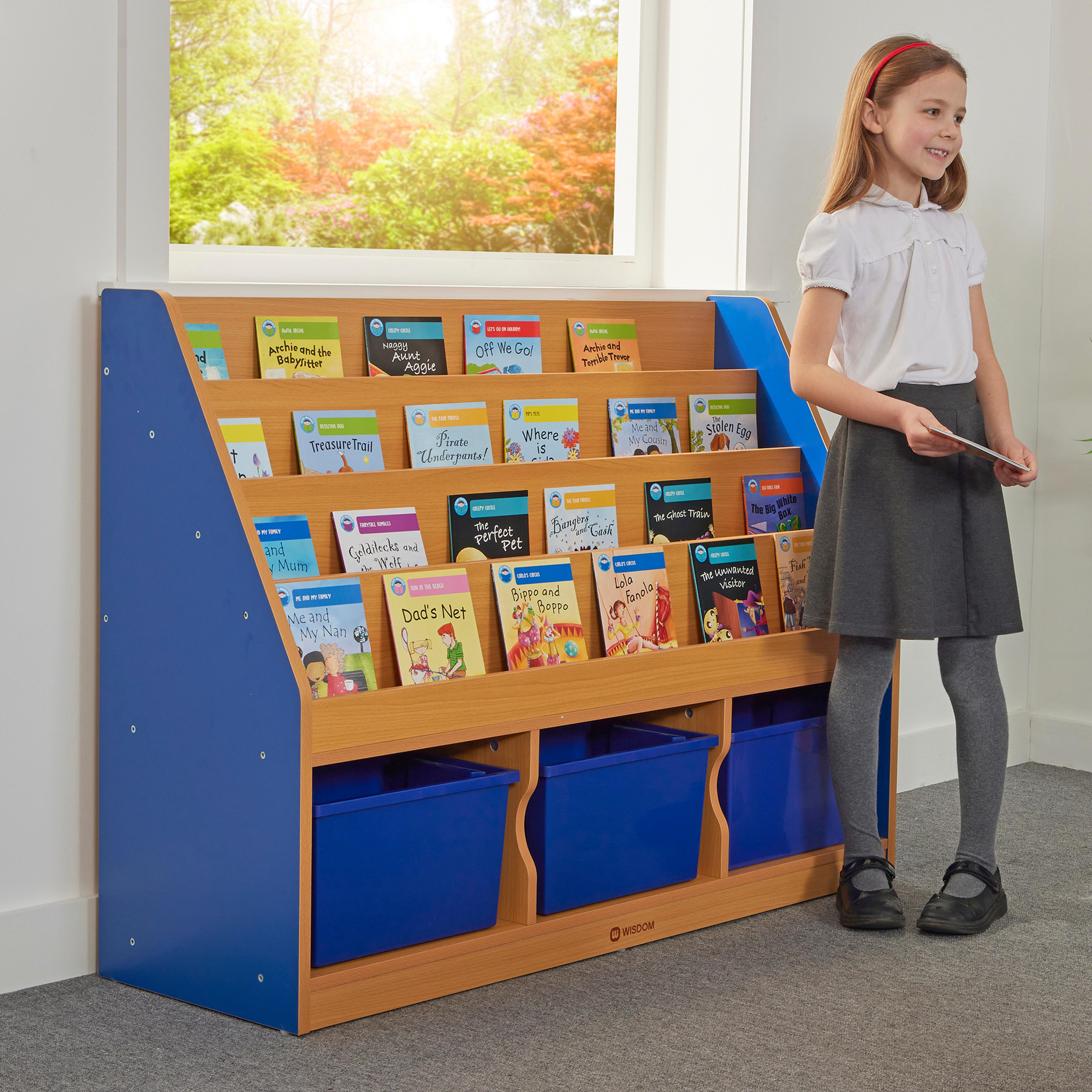 Book Storage Unit with 3 Large Trays - Blue