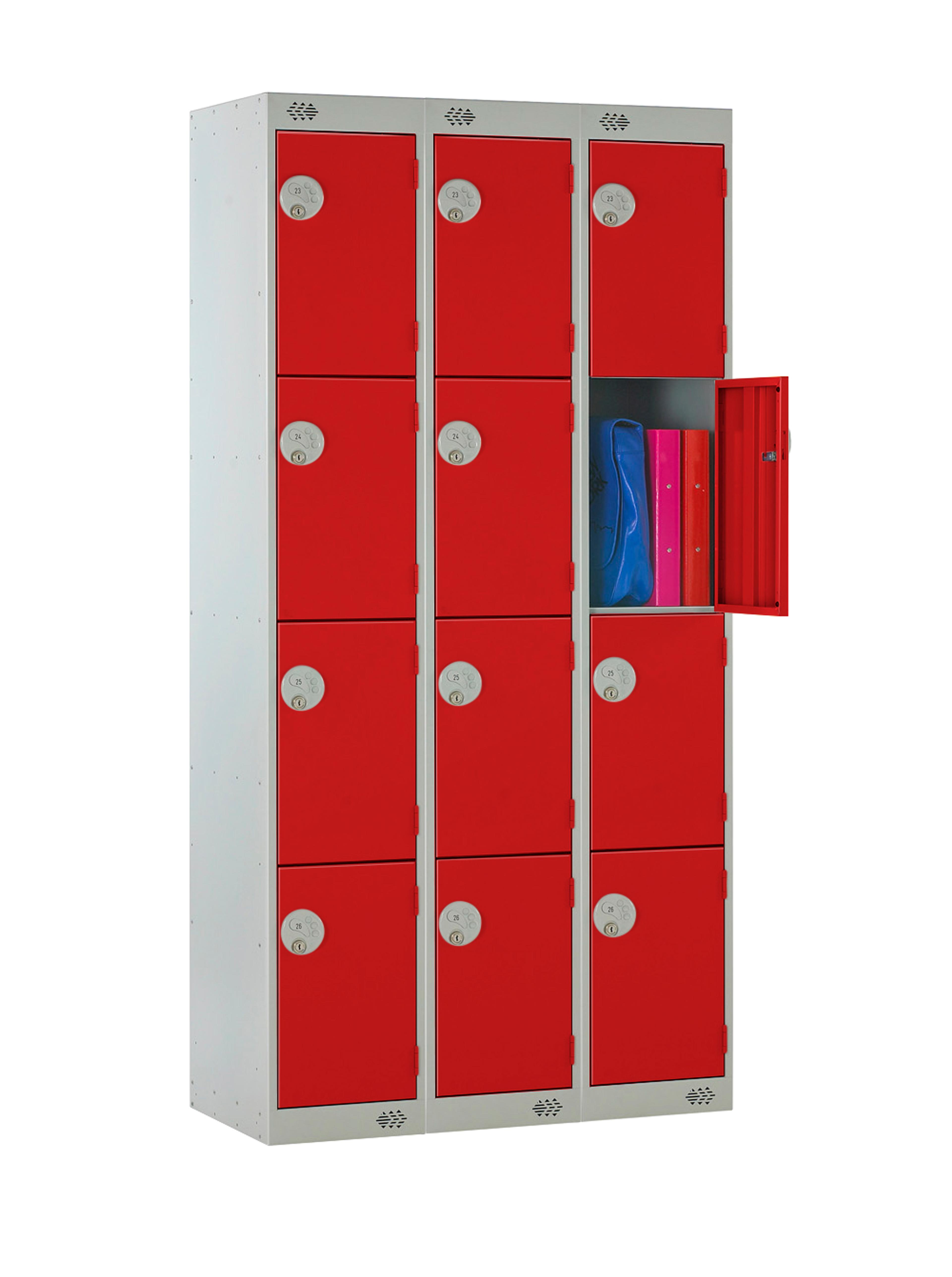 Full Size Steel Lockers - Nest of 3 - Red - 4 Door