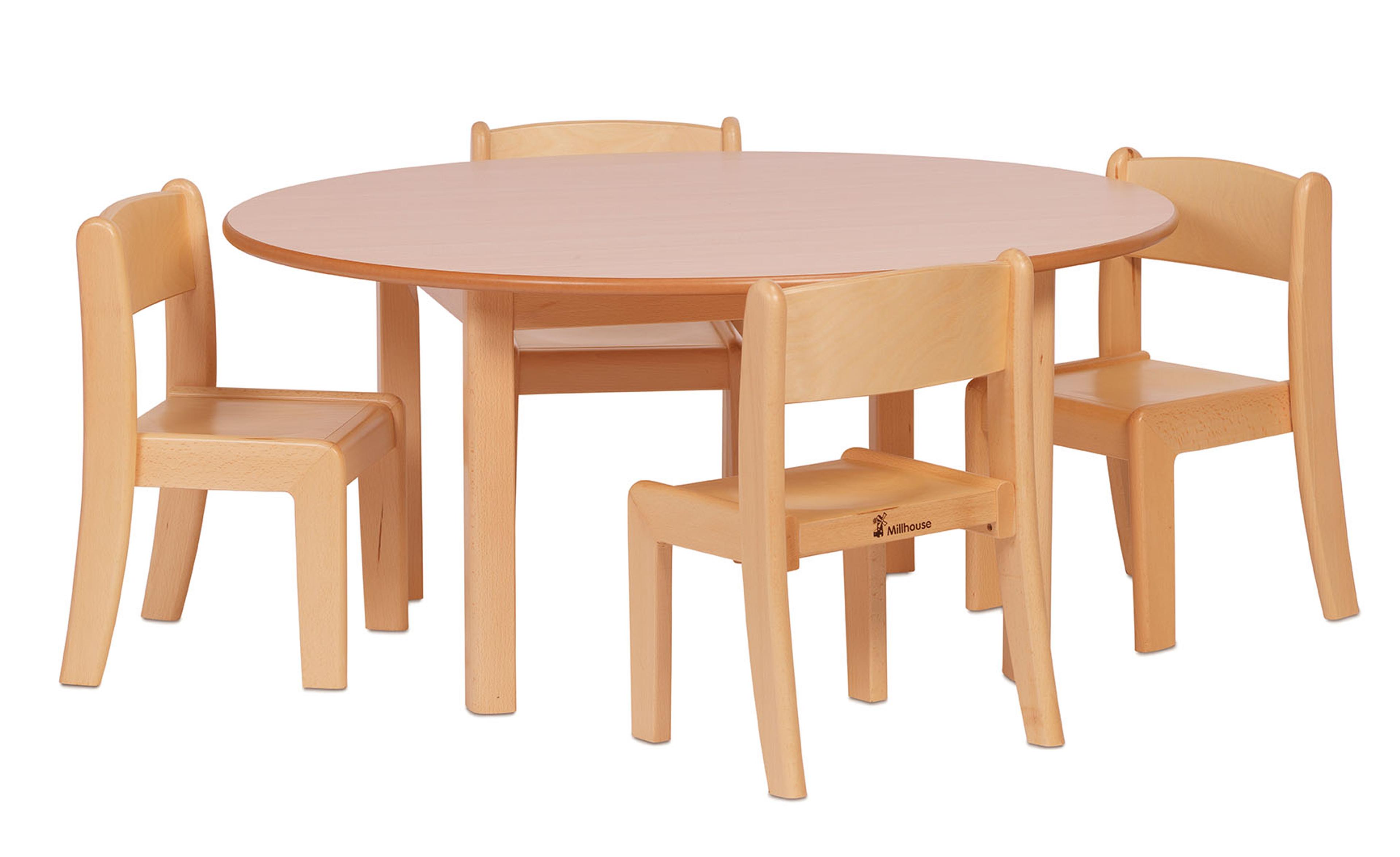 Millhouse Circular Table with 4 Beech Stacking Chairs - Table 400mm plus Chair H200mm