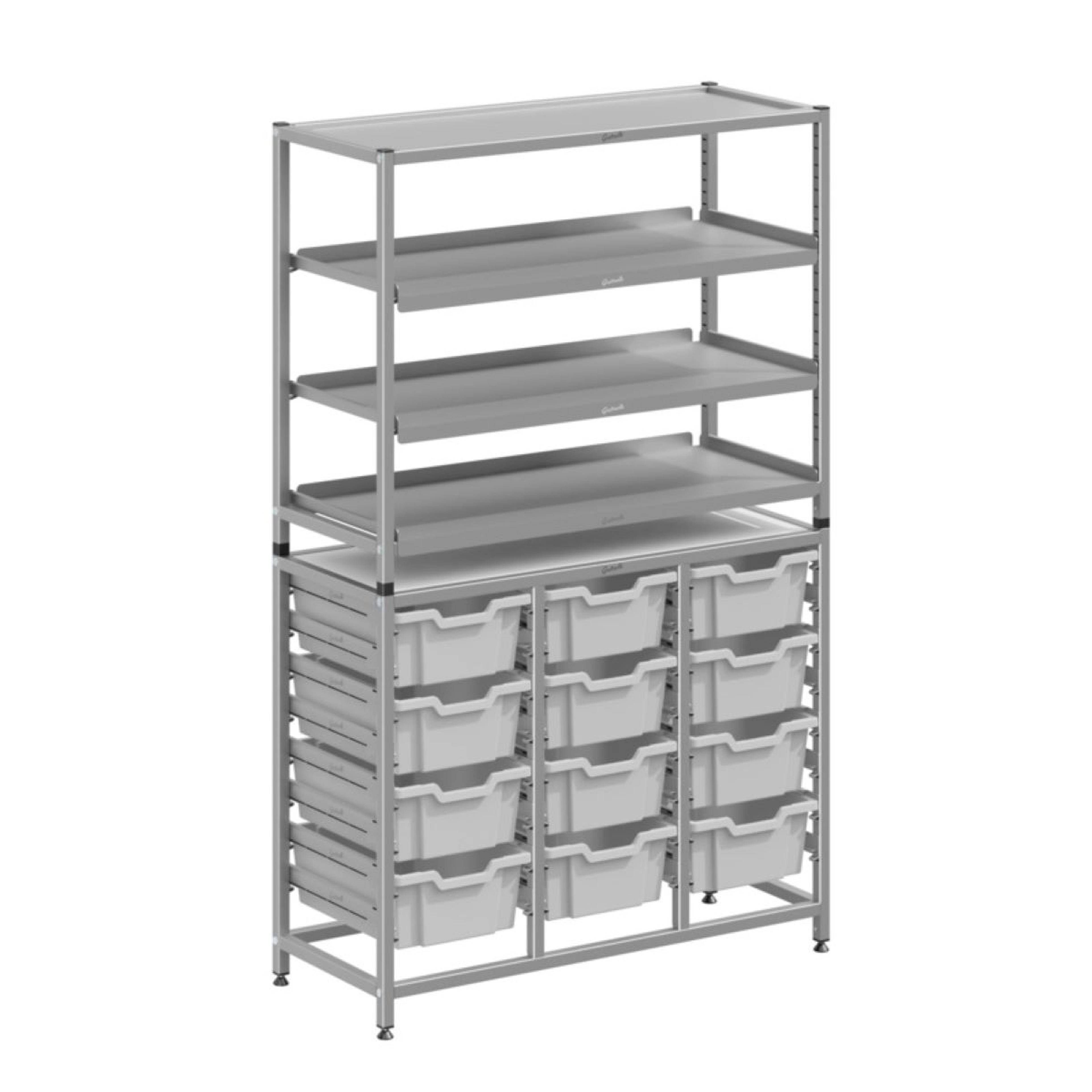 Gratnells Dynamis Treble Silver Frame 3 Shelves & 12 Deep Trays - Light Grey