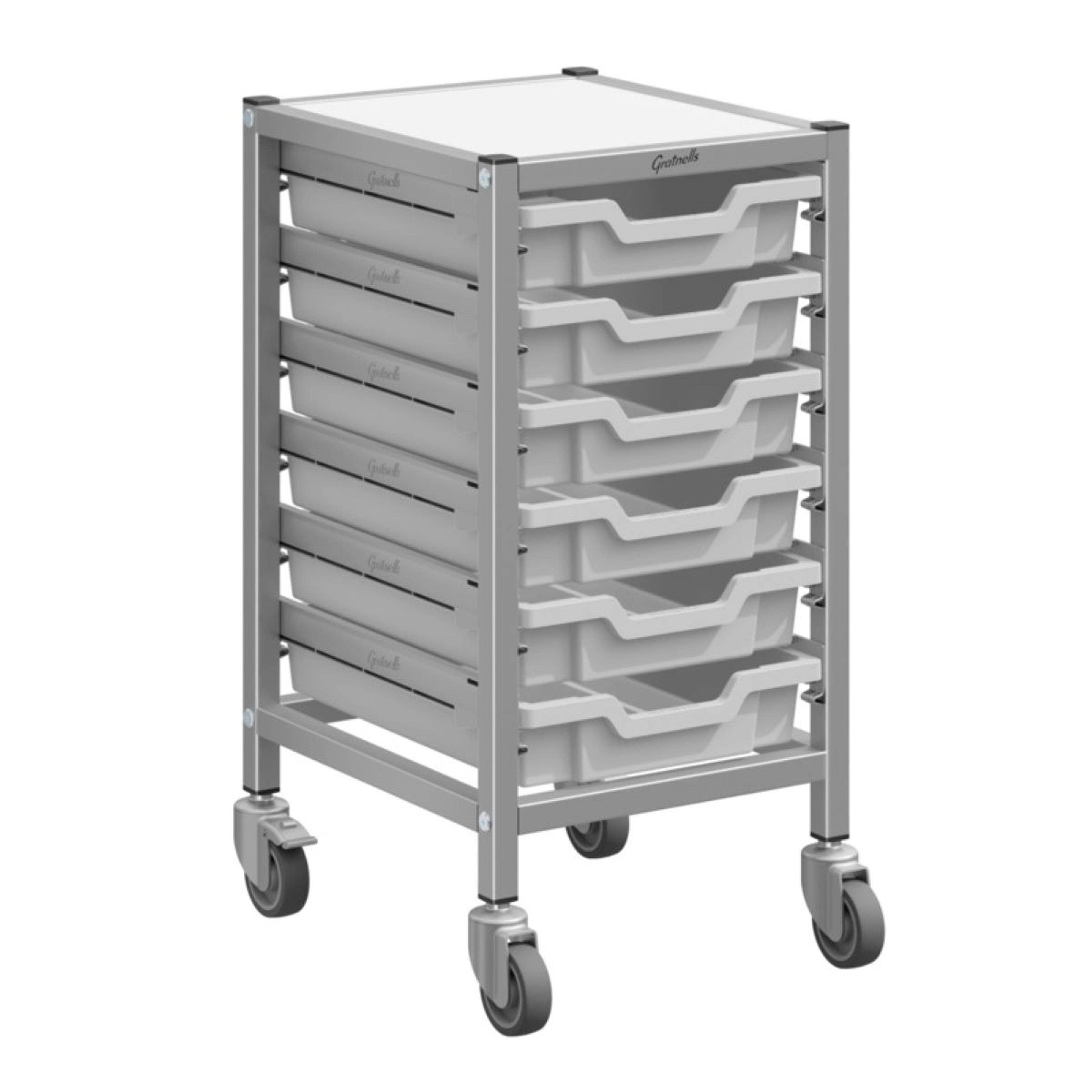 Gratnells Dynamis Single Silver Trolley & 6 Shallow Trays - Light Grey