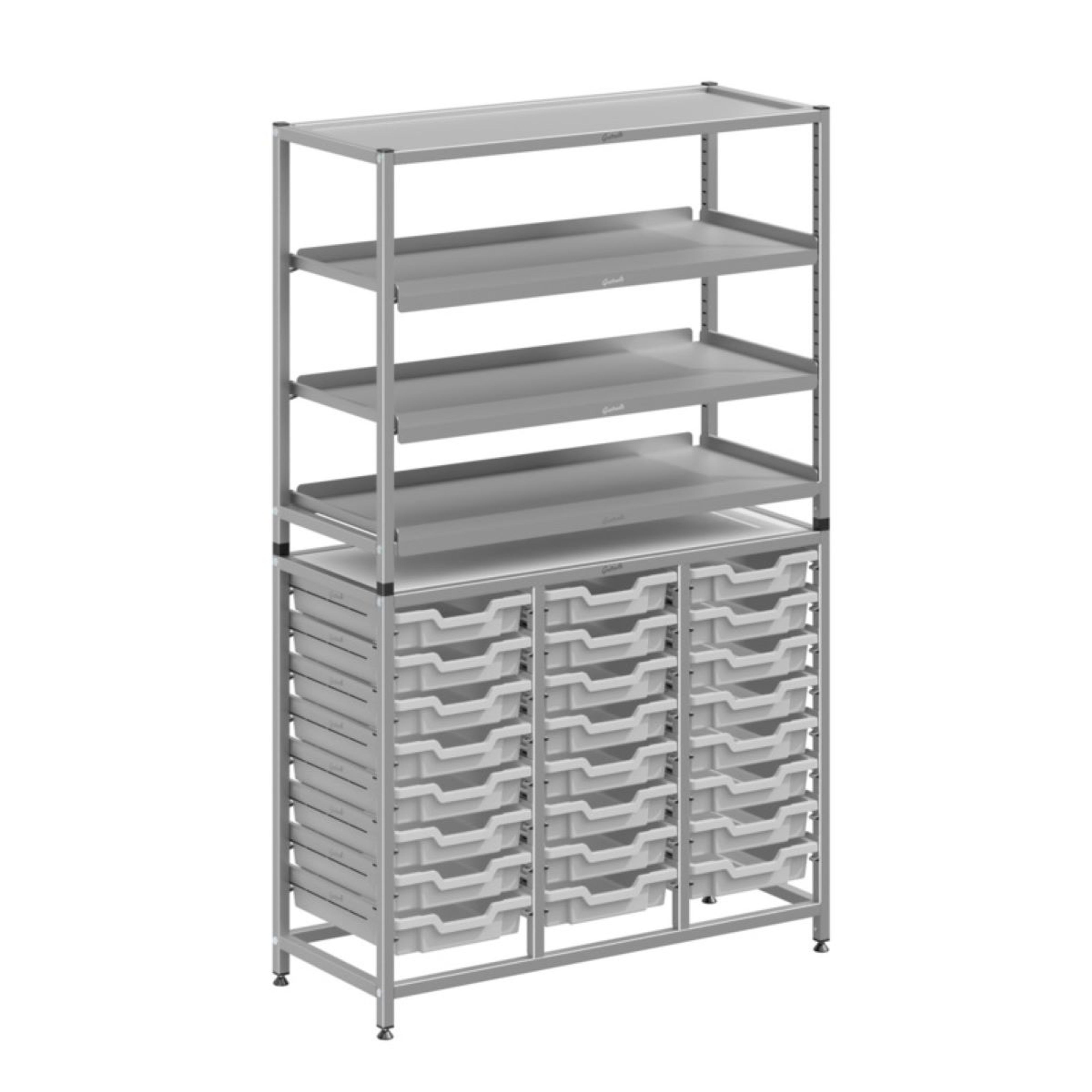 Gratnells Dynamis Treble Silver Frame 3 Shelves & 24 Shallow Trays - Light Grey
