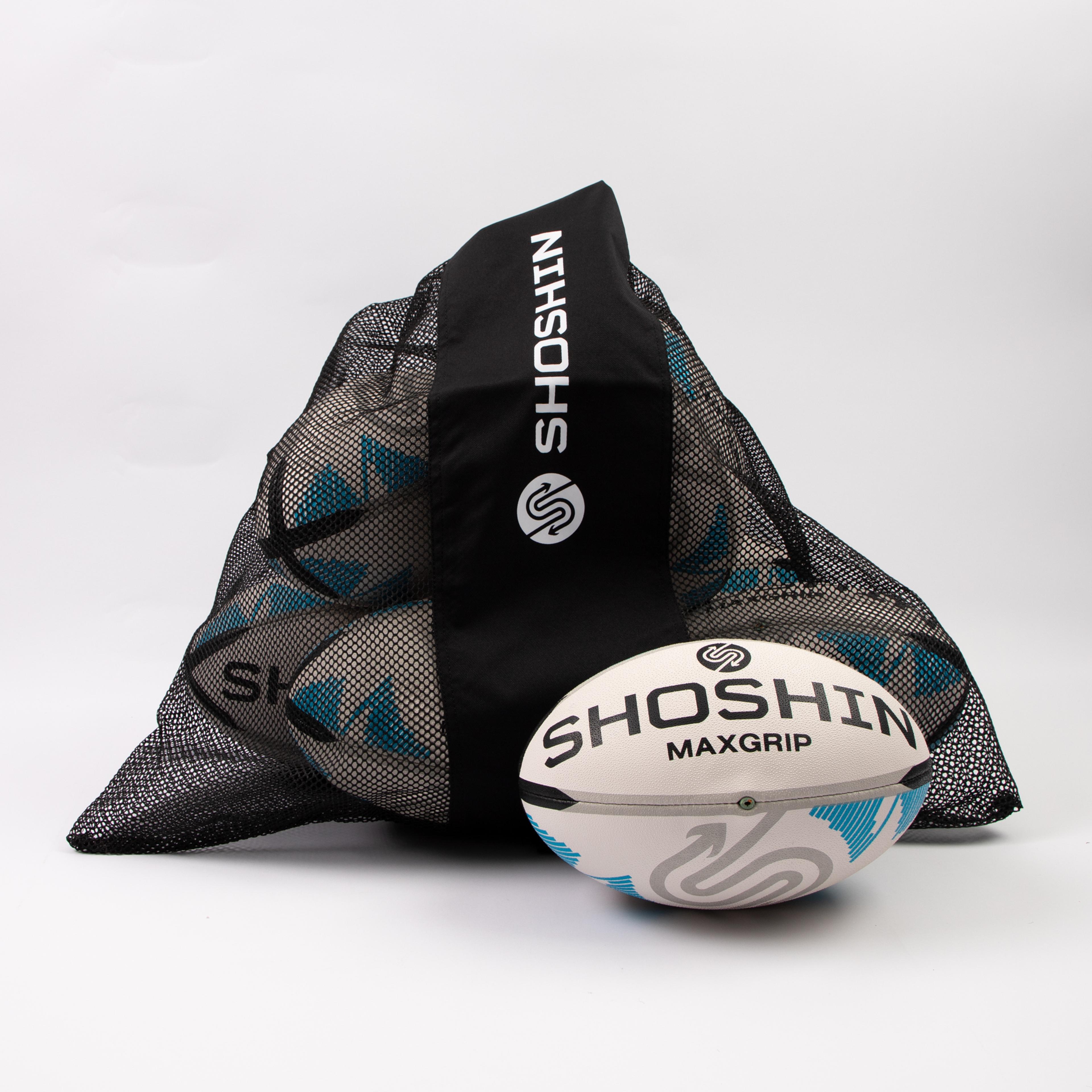 SHOSHIN Match Rugby Ball - White/Blue - Size 4 - Pack of 8 with FREE Bag