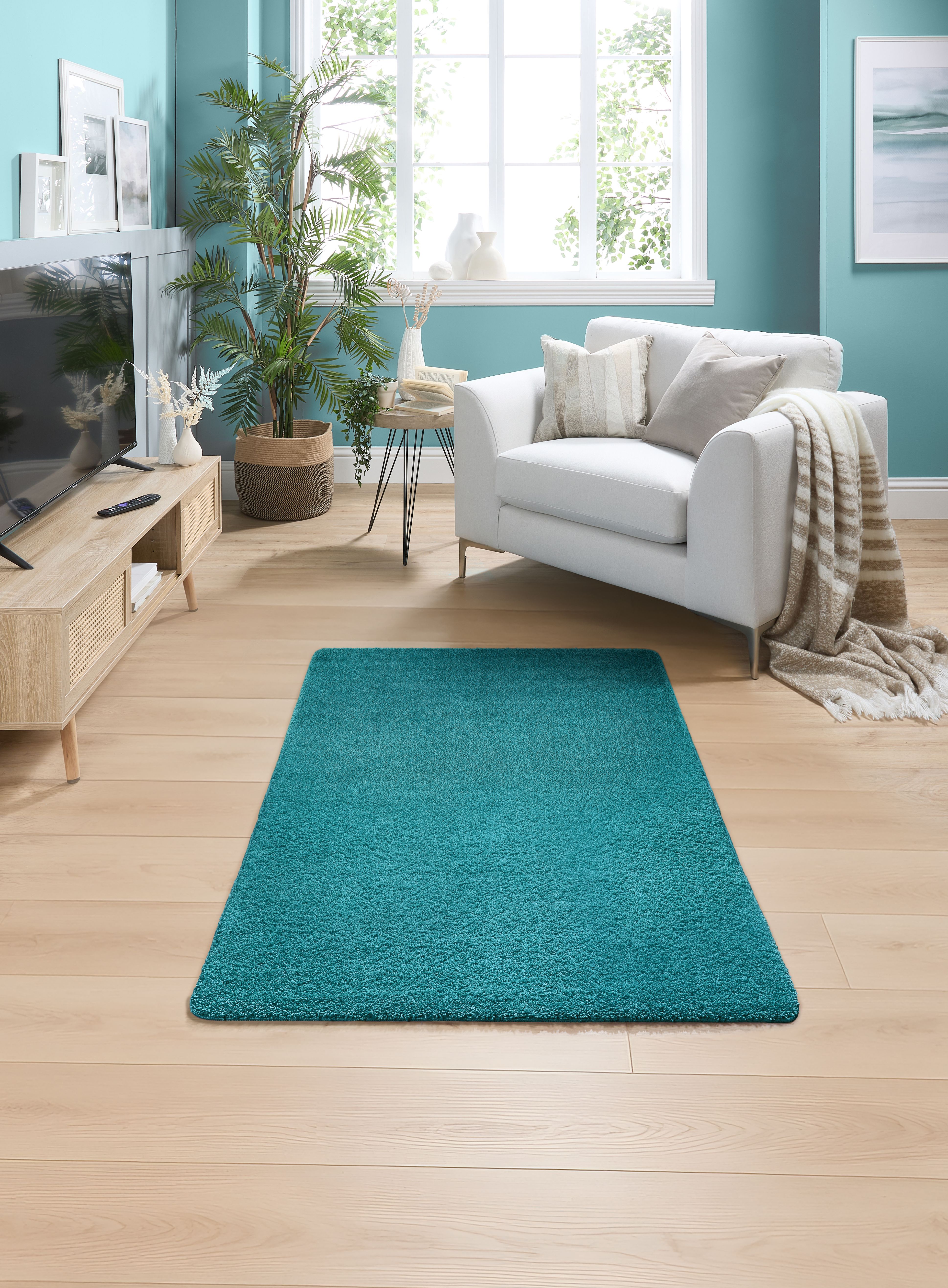 Plain Shaggy Stain Resistant Washable Rug -100 x 150cm - Teal