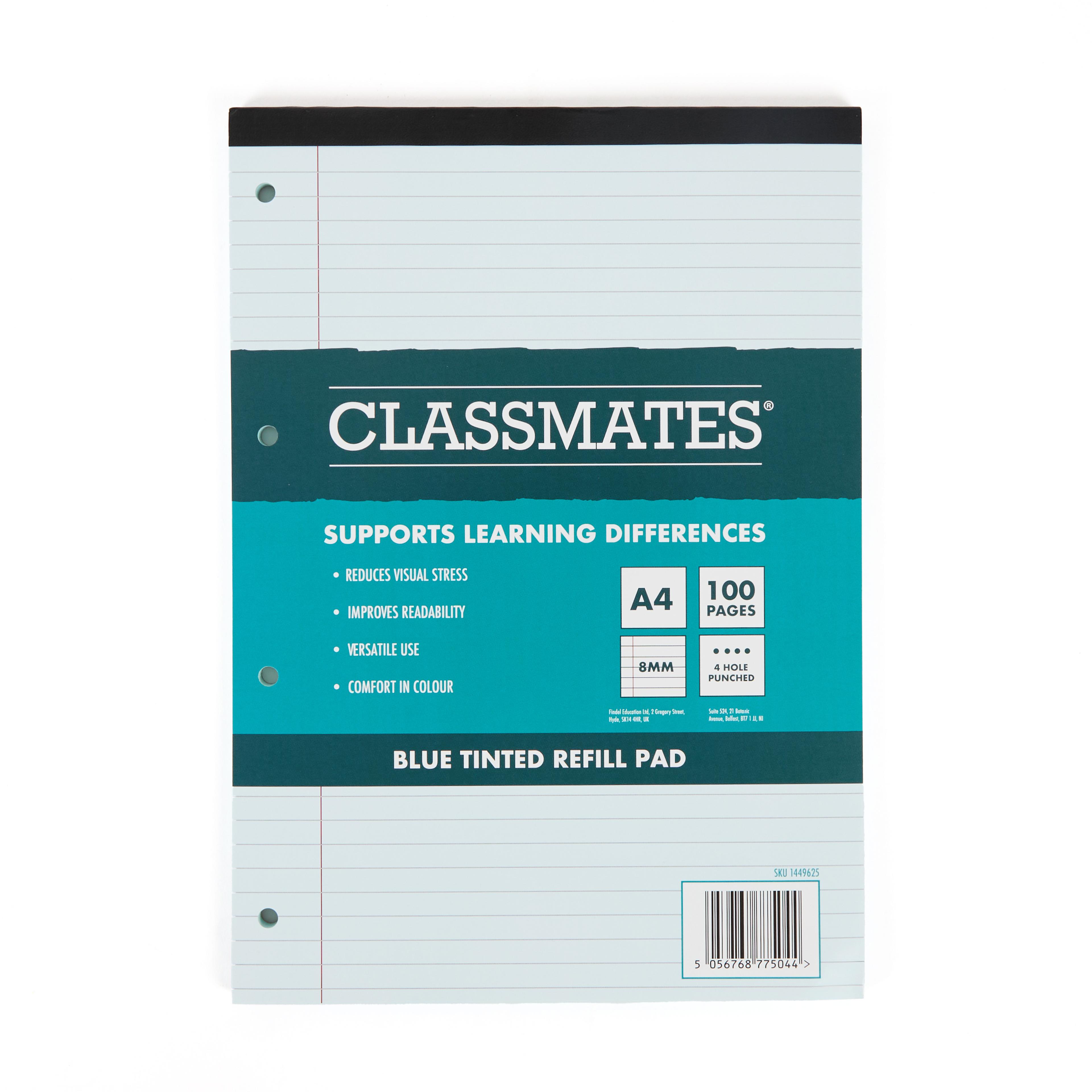 Classmates Tinted Refil Pad, A4, 8mm with Margin, 4 Hole Punched - Pack of 5 - Blue