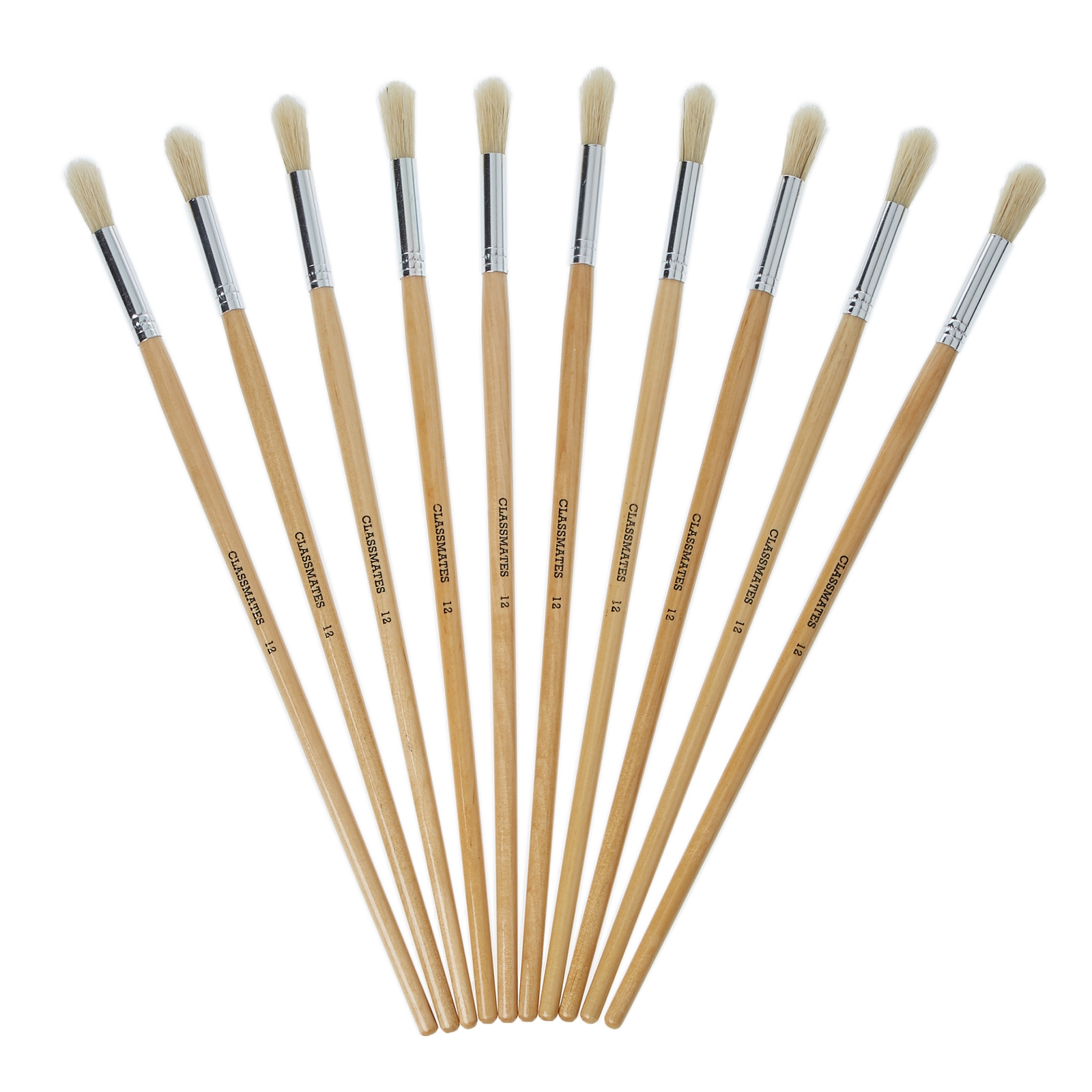 Classmates Long Handle Round Hog Bristle Paint Brushes Size 12 - Pack of 10