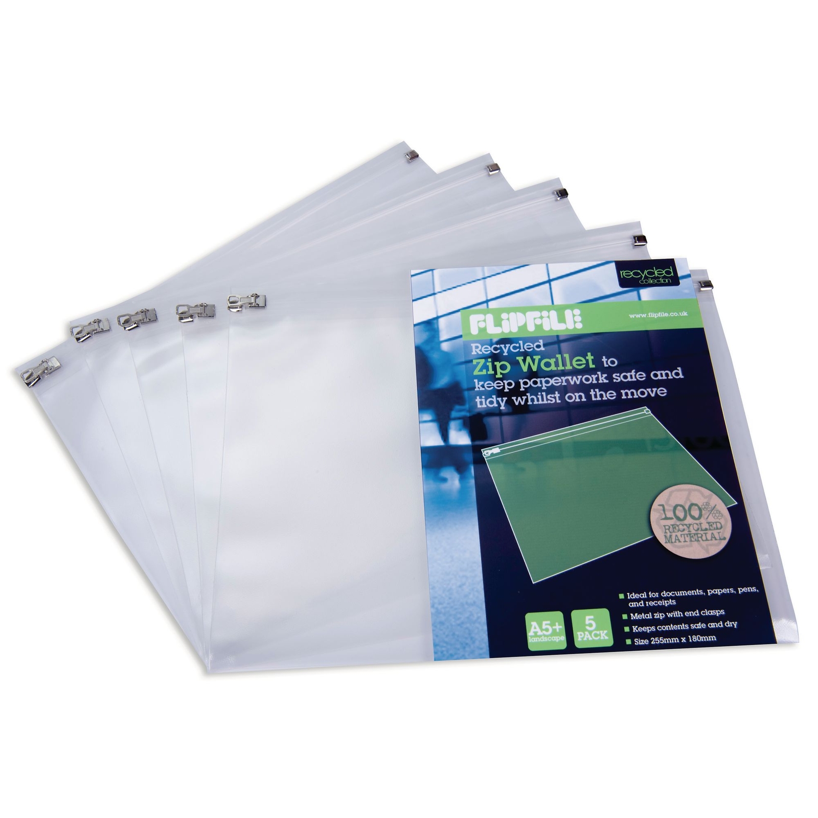 A4 + Clear Flipfile Recycled Zip Wallet - Pack of 5