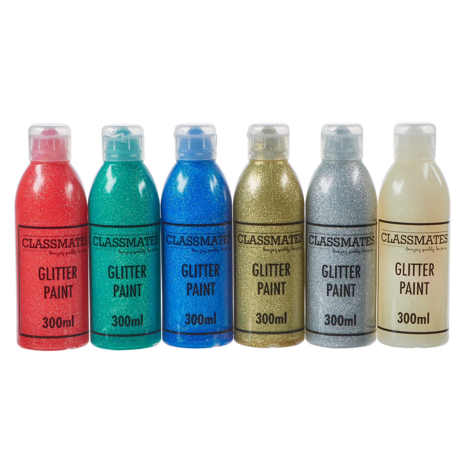 Classmates Glitter Ready Mixed Paint in Assorted - Pack of 6 - 300ml Bottle