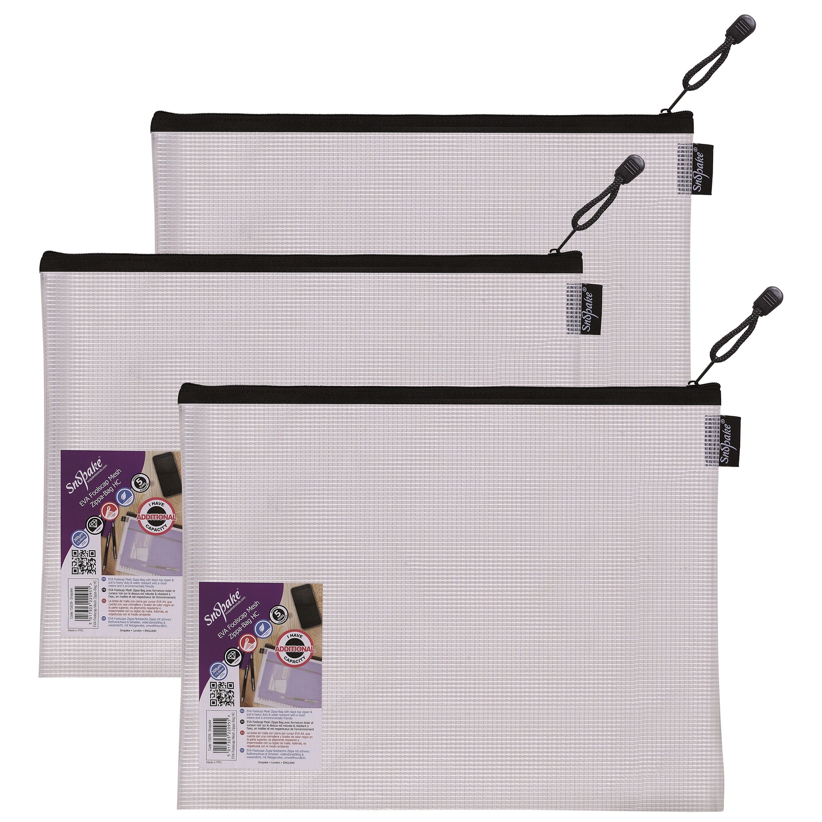 Snopake EVA Mesh Zippa-Bags Black Foolscap - Pack of 3