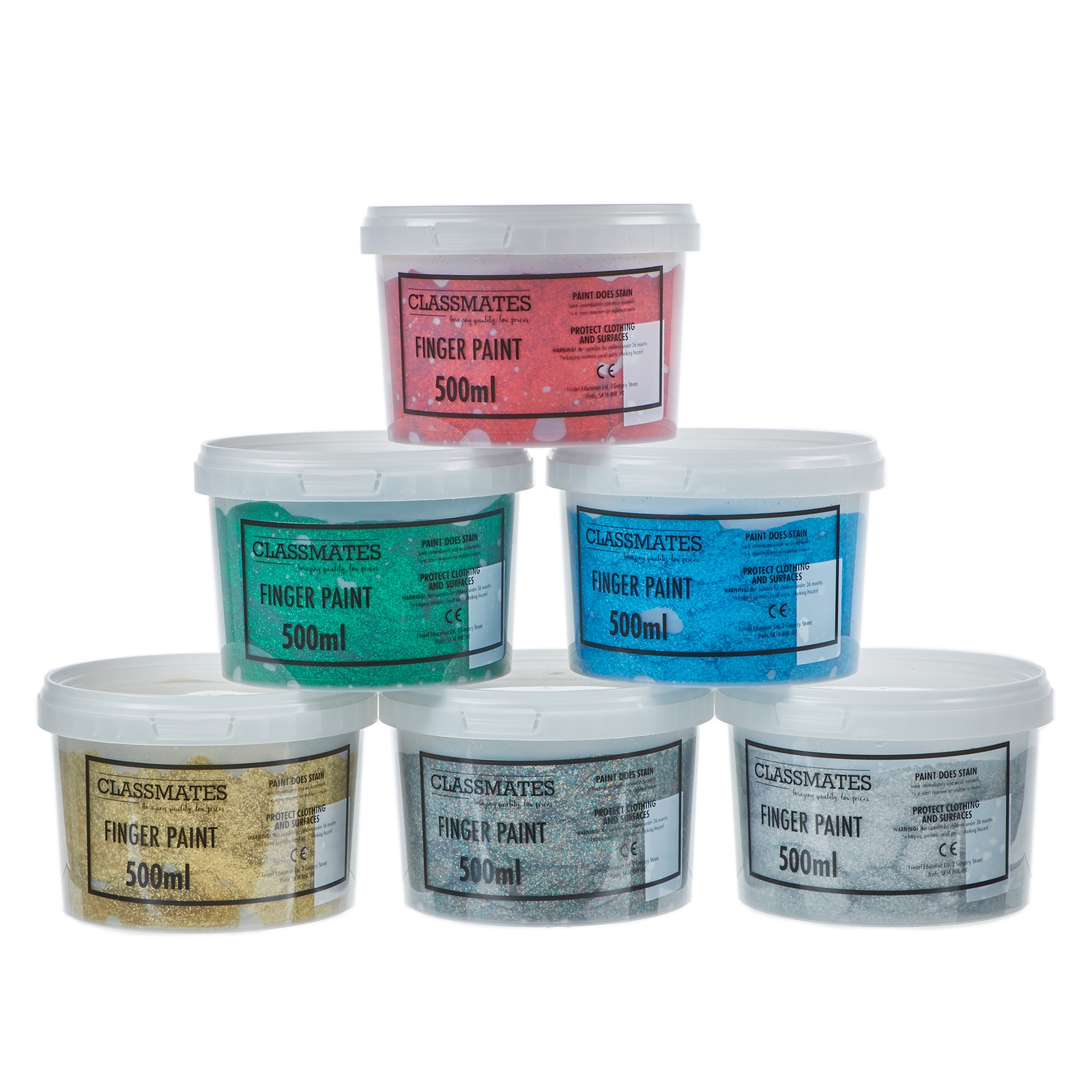 Classmates Glitter Finger Paint in Assorted - Pack of 6 - 500ml Tubs