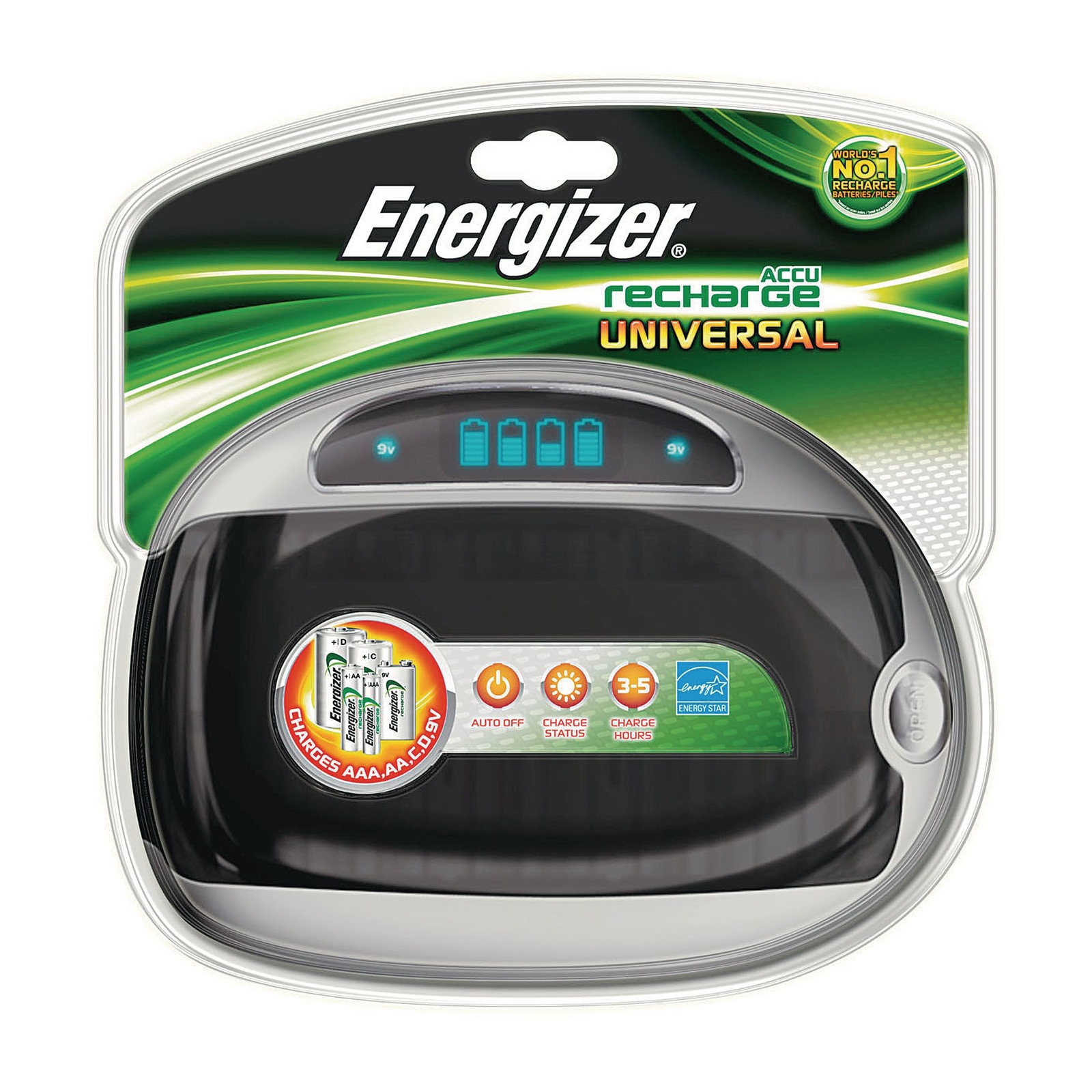 Universal  Battery Charger - Charges 4 x AA, 4 x AAA, 2 x 9V, 4 x C or 4 x D rechargeable Nickel Metal Hydride batteries - Each